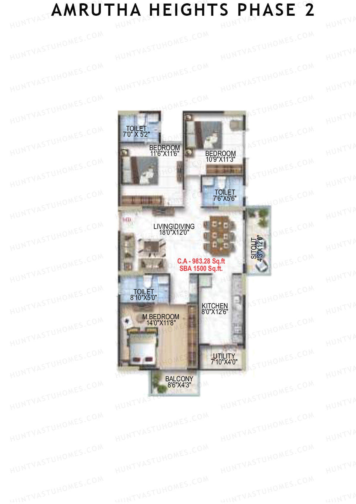 Amrutha Heights Phase 2, Tower A, Unit 9, 3BHK, Super Area 1500   sq ft 