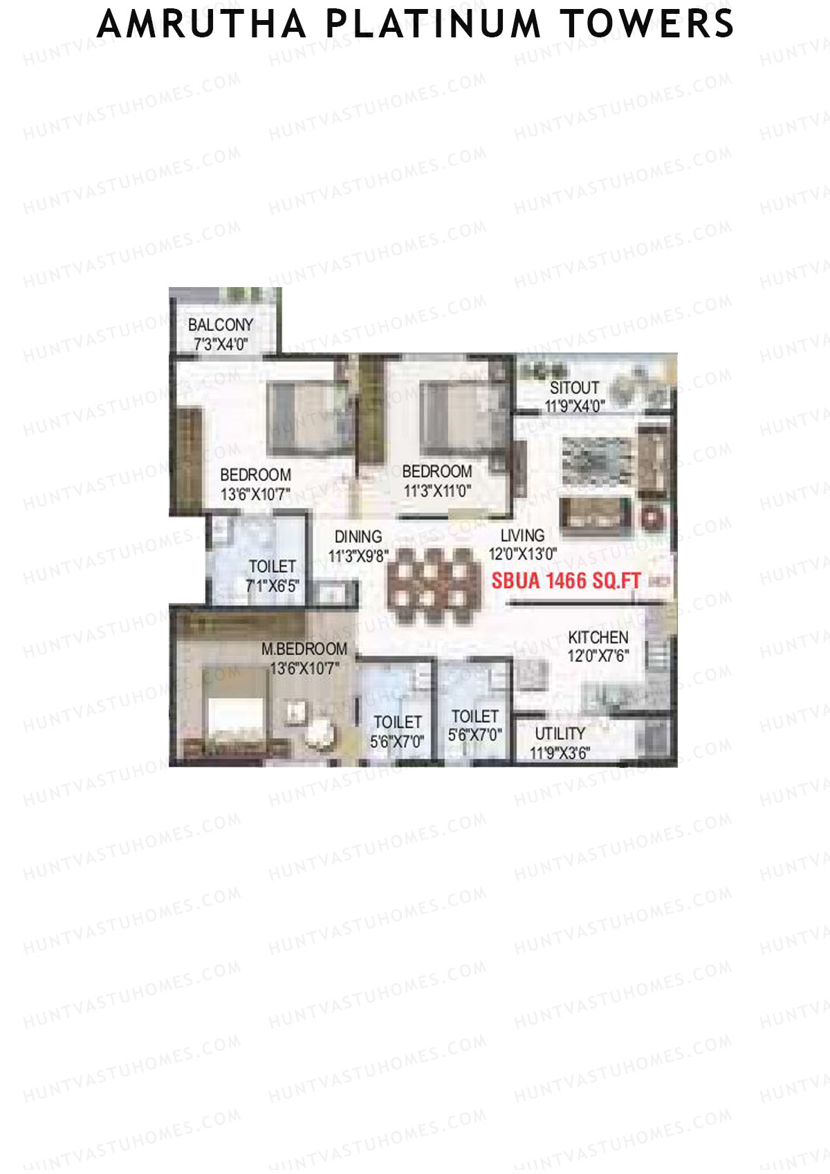 Amrutha Platinum Towers, Block A, Unit 11, 3BHK, Super Area 1466   sq ft 