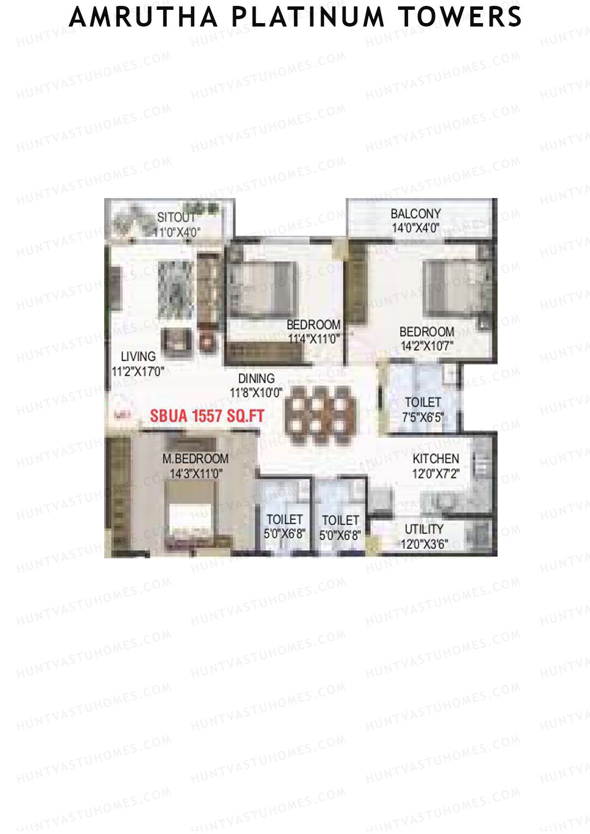 Amrutha Platinum Towers, Block A, Unit 12, 3BHK, Super Area 1557   sq ft 