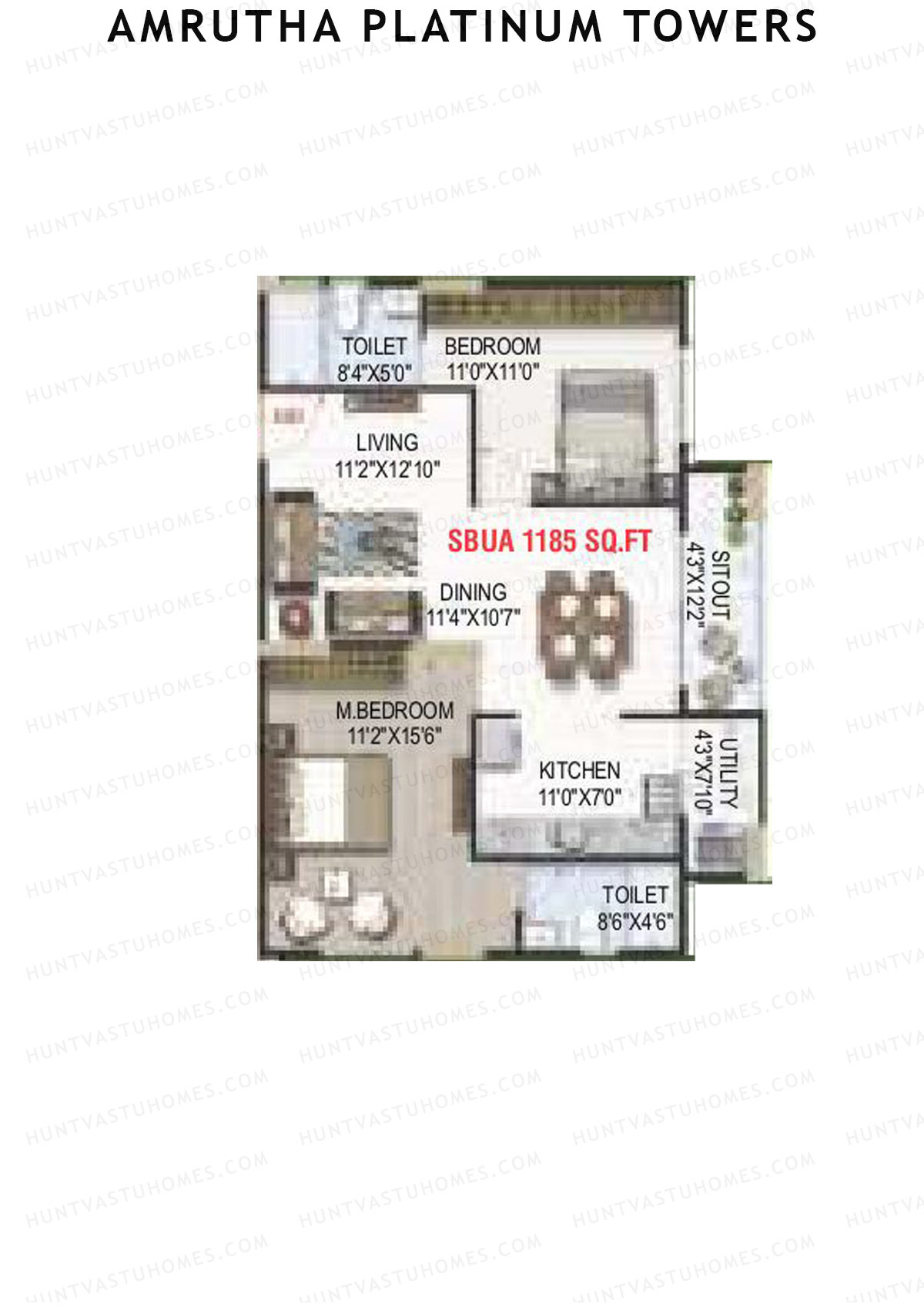 Amrutha Platinum Towers, Block A, Unit 14, 2BHK, Super Area 1185   sq ft 