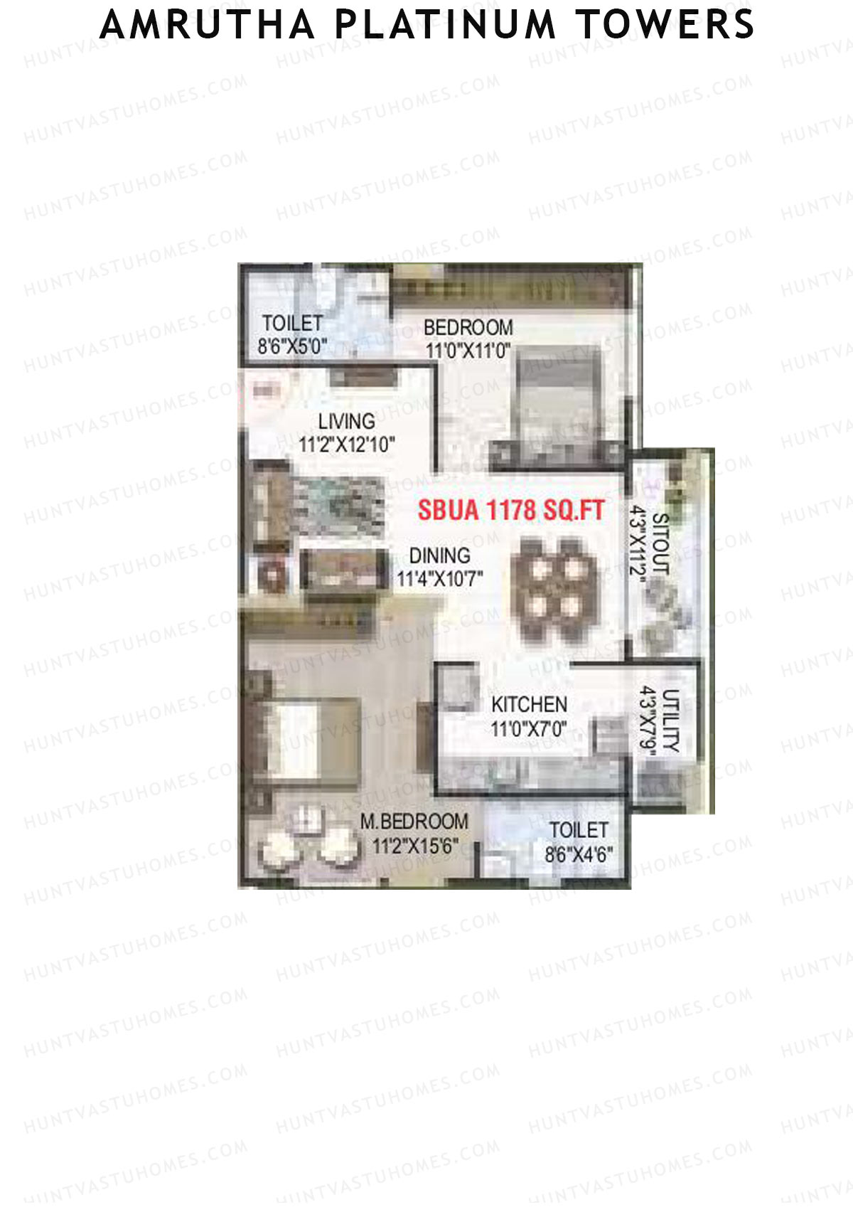 Amrutha Platinum Towers, Block A, Unit 15, 2BHK, Super Area 1178   sq ft 