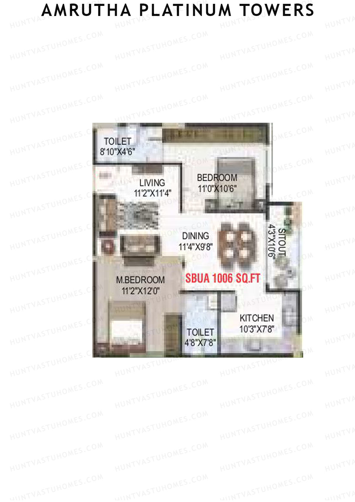 Amrutha Platinum Towers, Block A, Unit 17, 2BHK, Super Area 1006   sq ft 