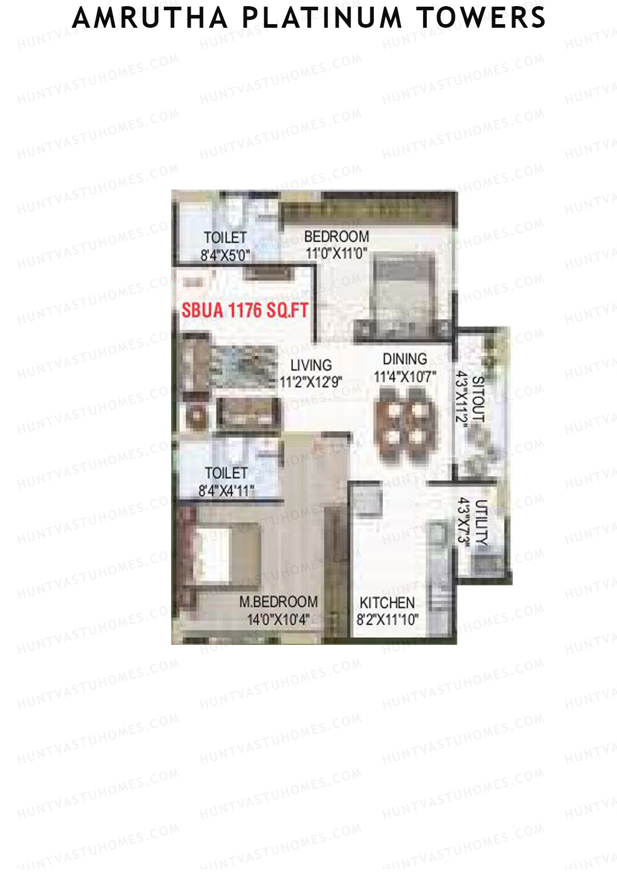 Amrutha Platinum Towers, Block A, Unit 18, 2BHK, Super Area 1176   sq ft 