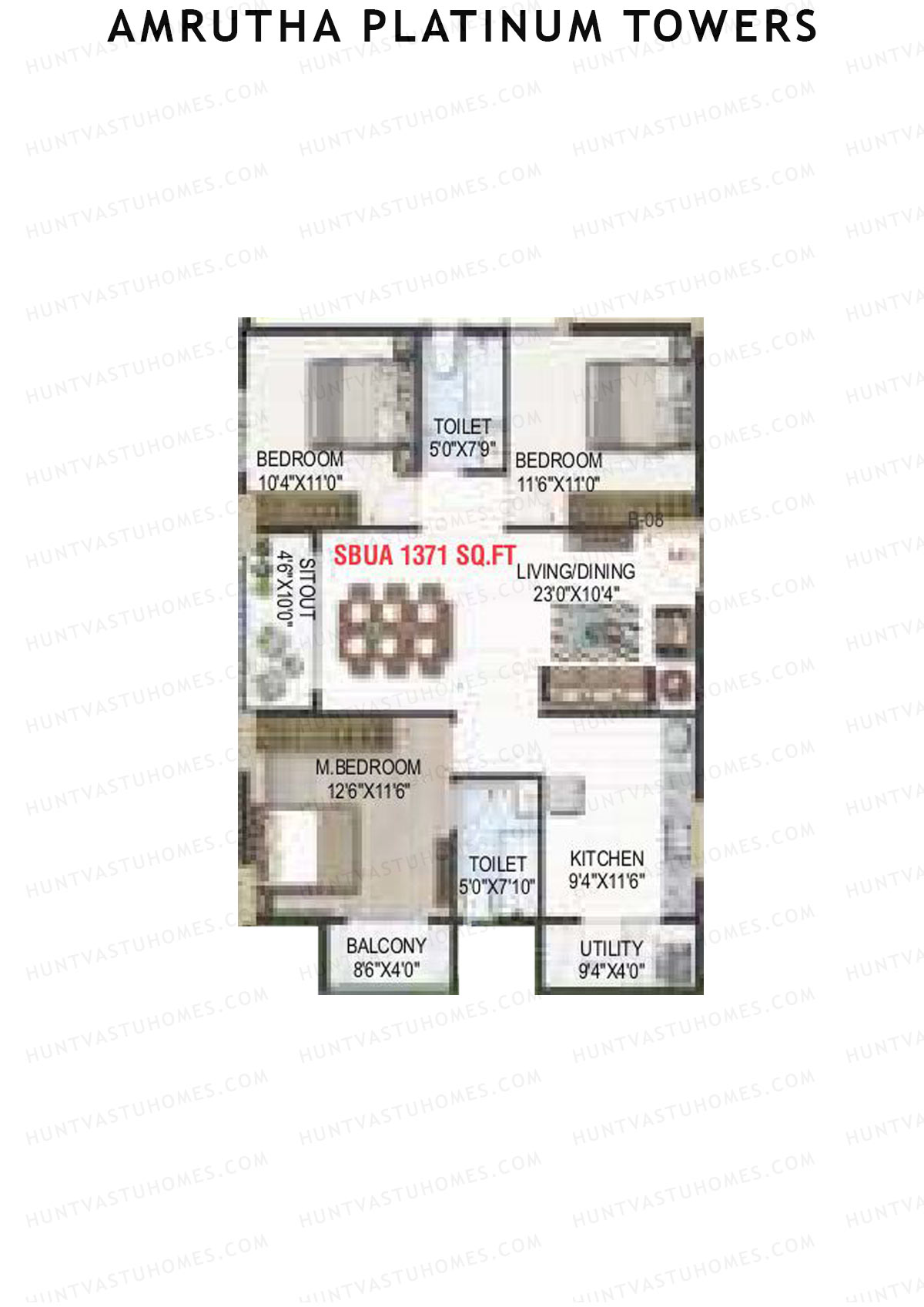 Amrutha Platinum Towers, Block A, Unit 19, 3BHK, Super Area 1371   sq ft 