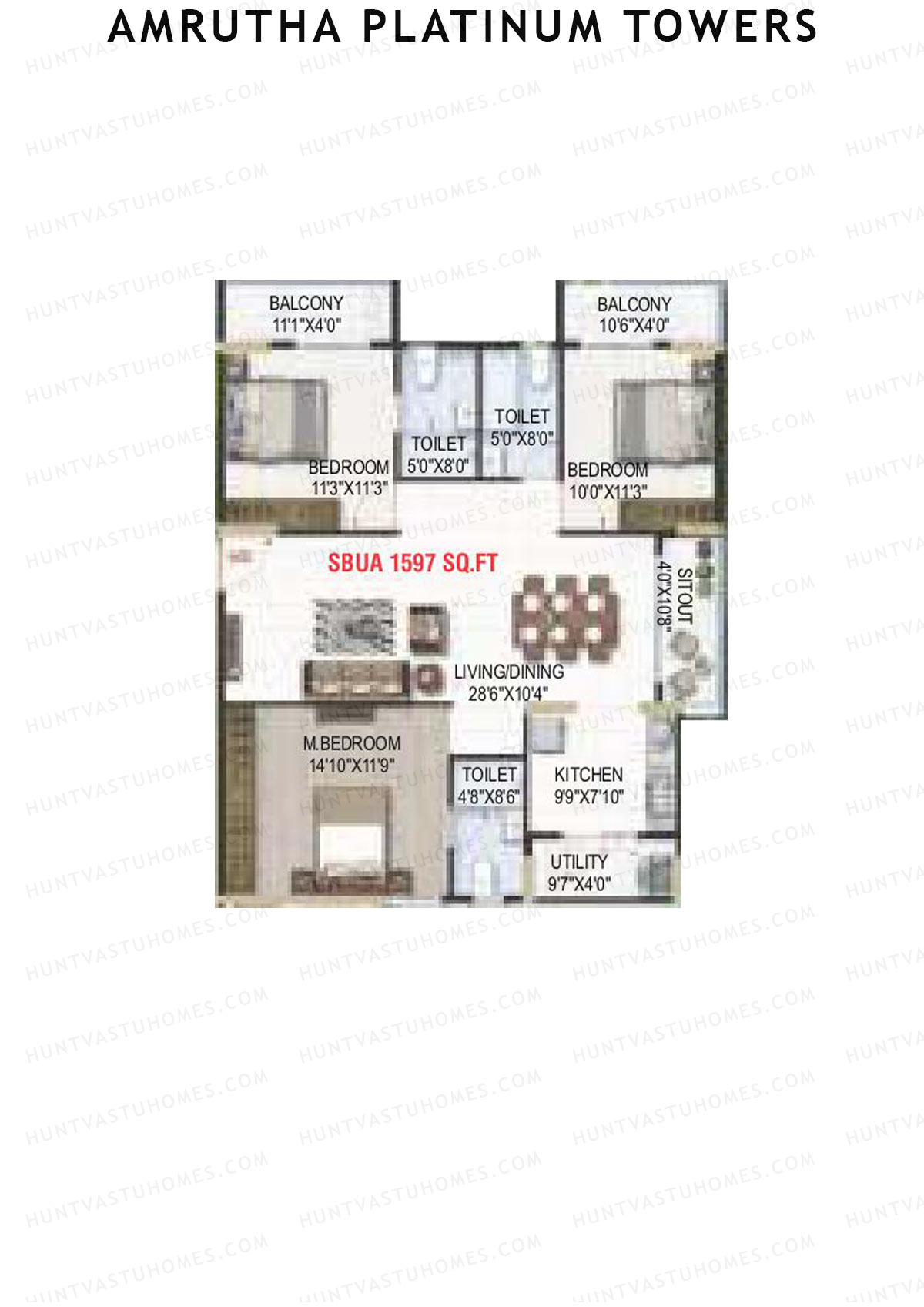 Amrutha Platinum Towers, Block A, Unit 1, 3BHK, Super Area 1597   sq ft 