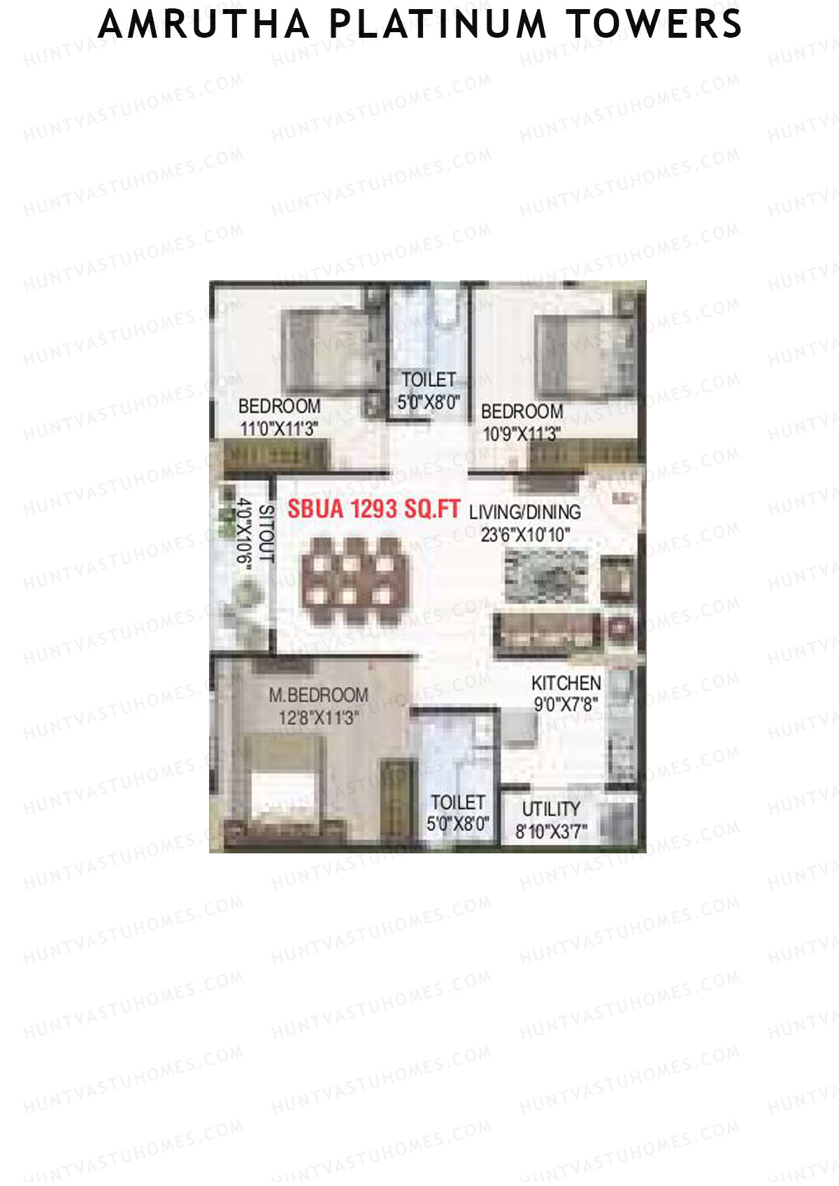Amrutha Platinum Towers, Block A, Unit 22, 3BHK, Super Area 1293   sq ft 