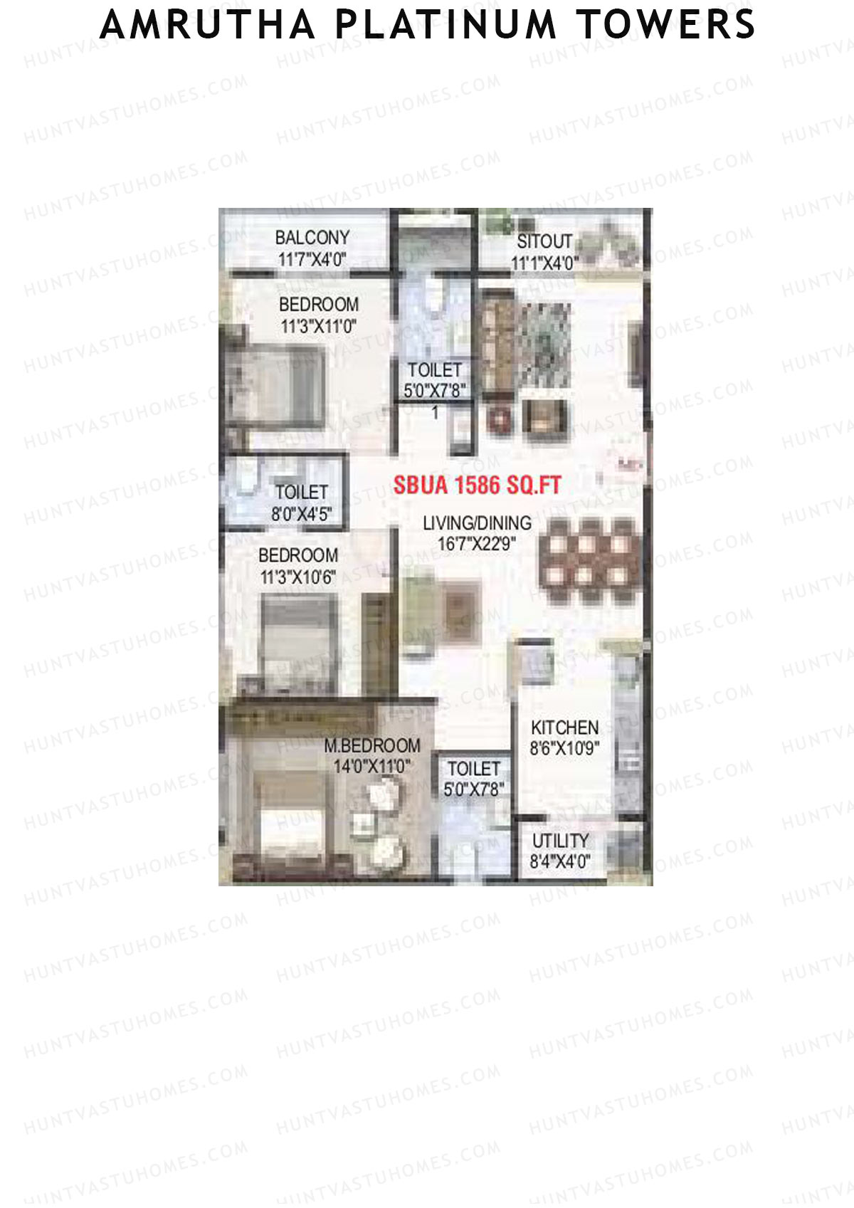 Amrutha Platinum Towers, Block A, Unit 24, 3BHK, Super Area 1586   sq ft 