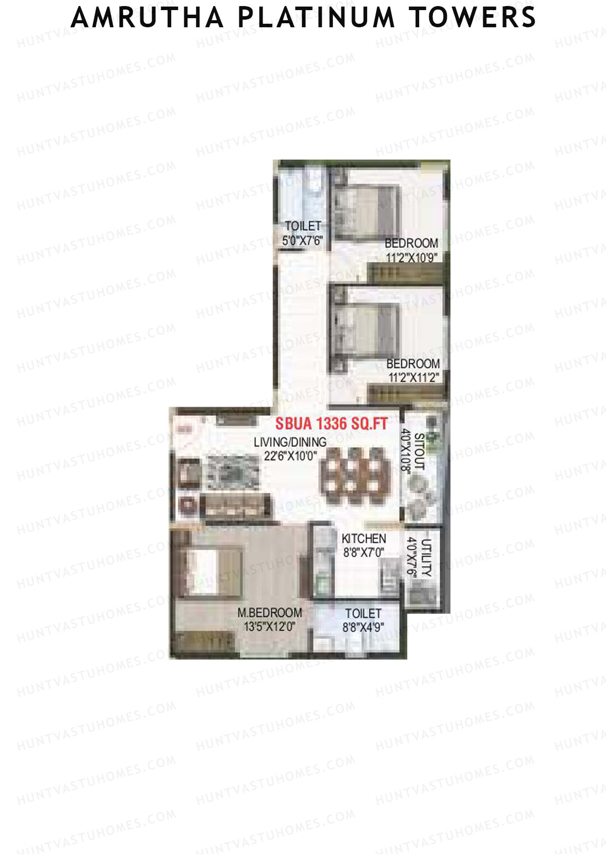 Amrutha Platinum Towers, Block A, Unit 2, 3BHK, Super Area 1336   sq ft 