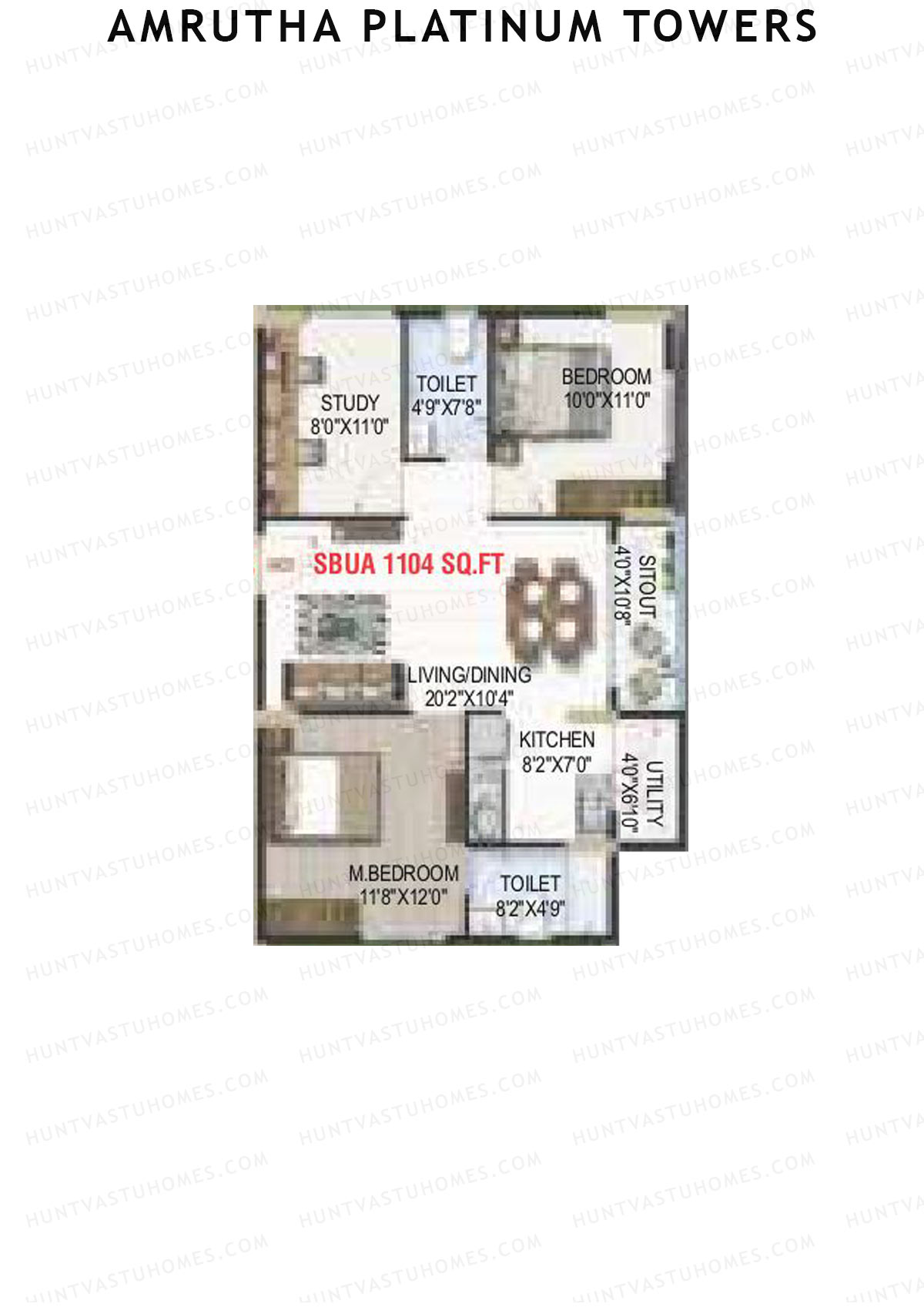 Amrutha Platinum Towers, Block A, Unit 3, 2BHK, Super Area 1104   sq ft 