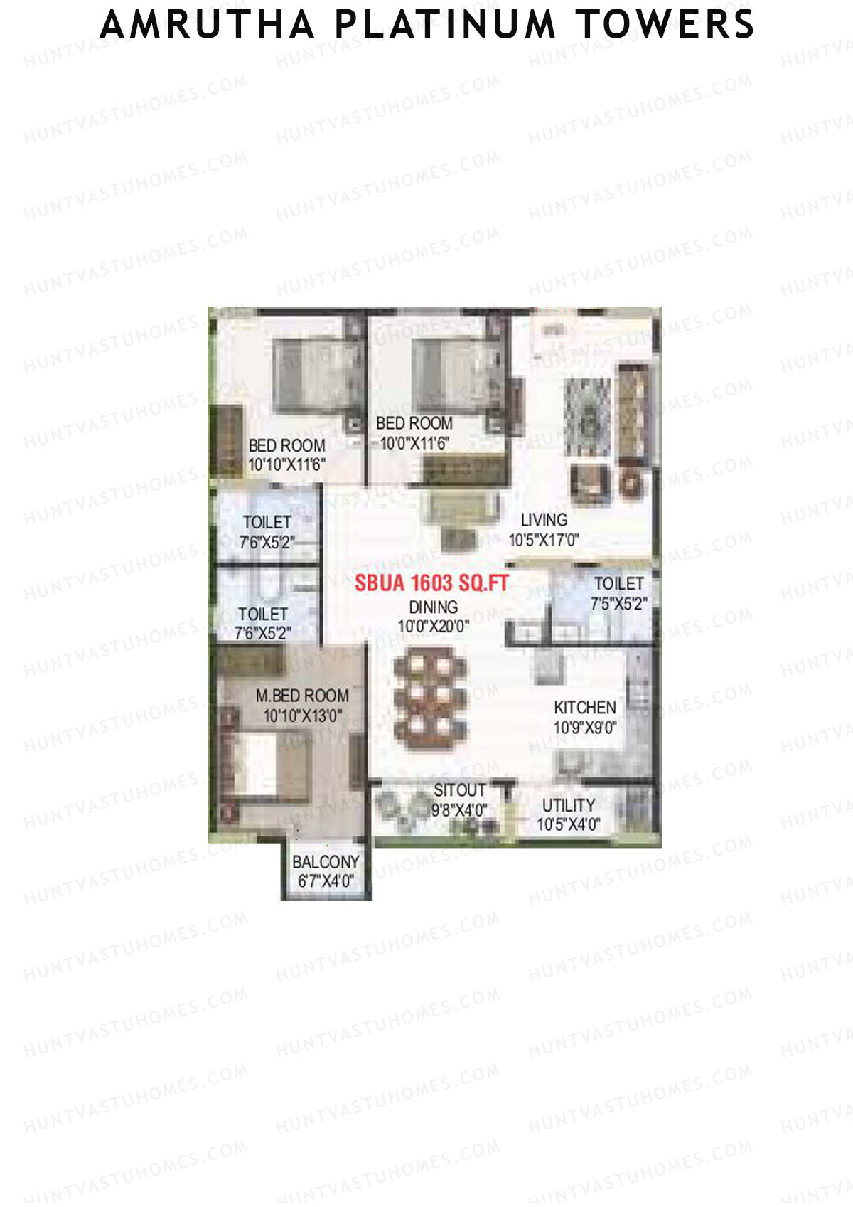 Amrutha Platinum Towers, Block A, Unit 5, 3BHK, Super Area 1603   sq ft 