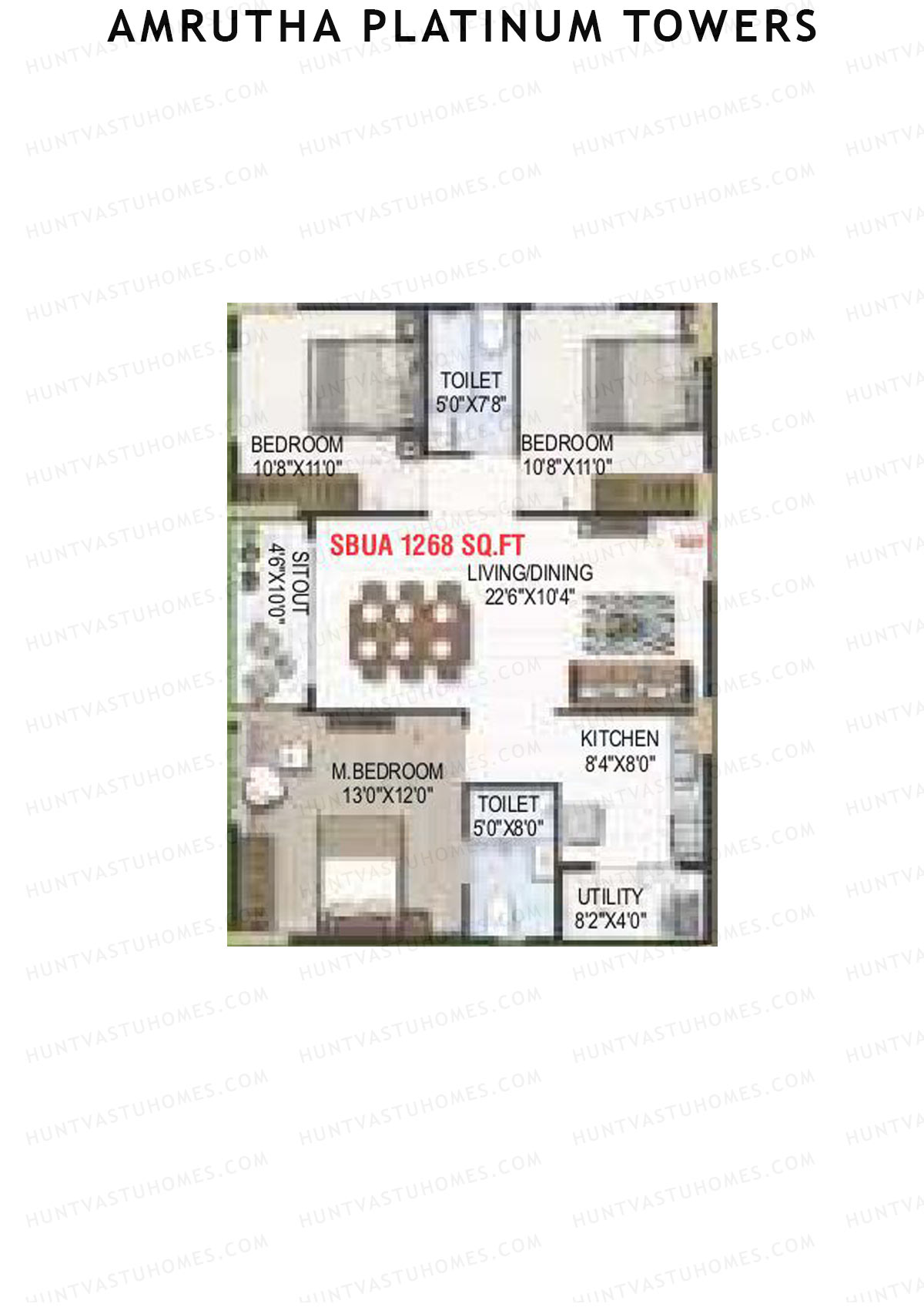 Amrutha Platinum Towers, Block A, Unit 6, 3BHK, Super Area 1268   sq ft 