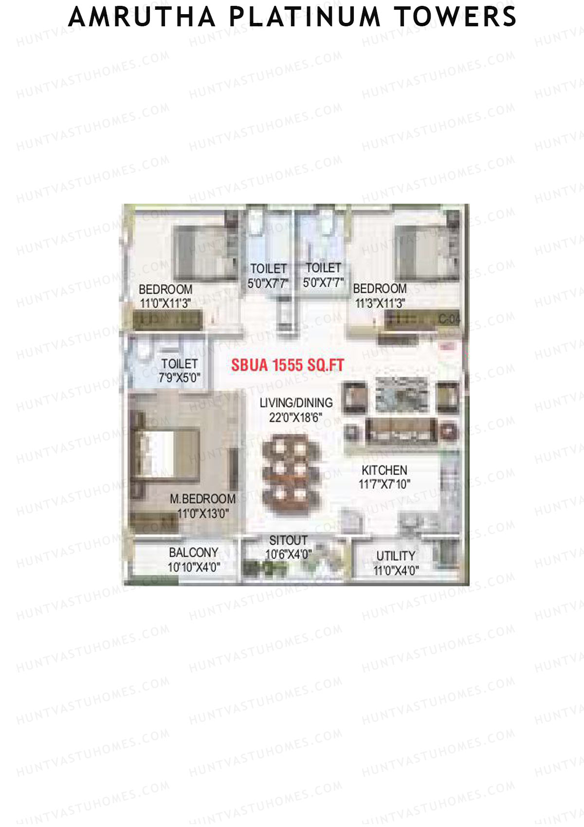 Amrutha Platinum Towers, Block B, Unit 25, 3BHK, Super Area 1555   sq ft 
