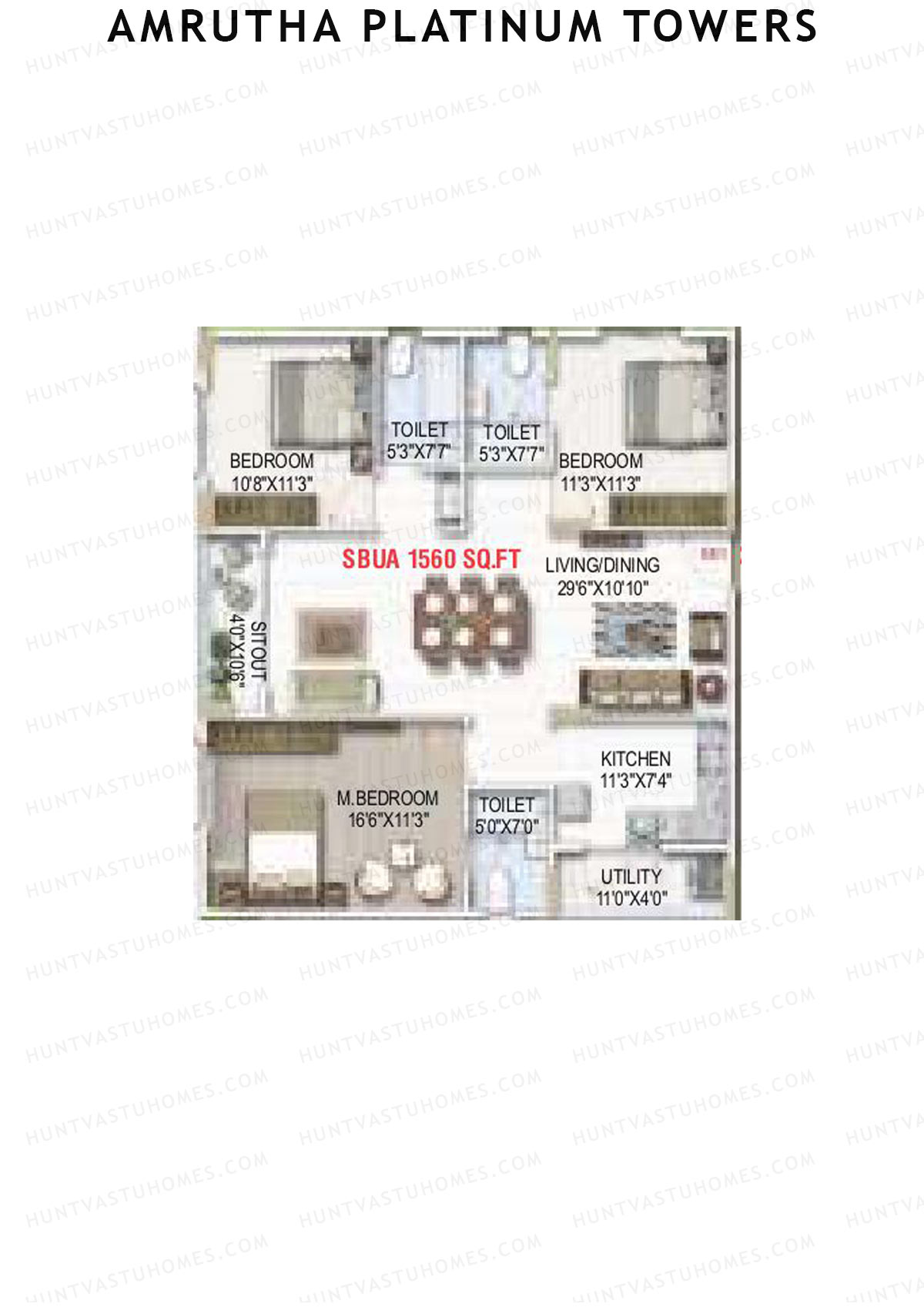 Amrutha Platinum Towers, Block B, Unit 26, 3BHK, Super Area 1560   sq ft 