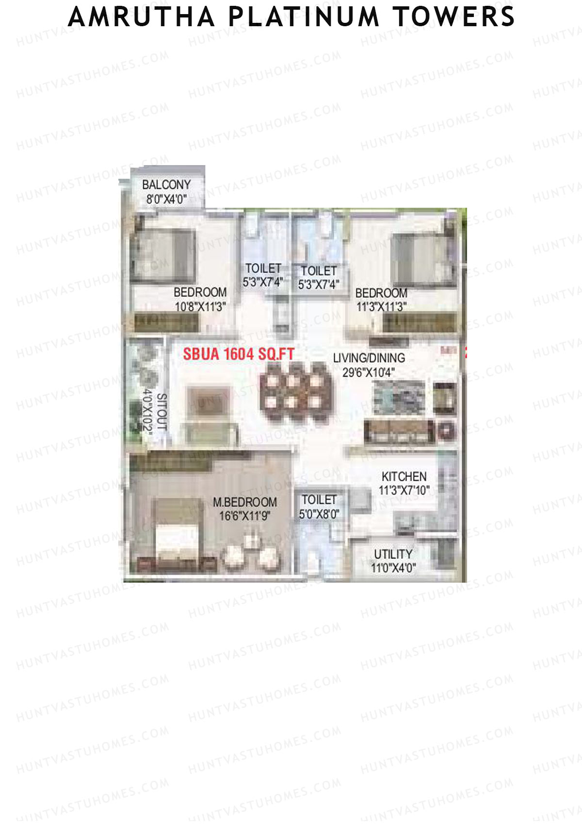 Amrutha Platinum Towers, Block B, Unit 28, 3BHK, Super Area 1604   sq ft 
