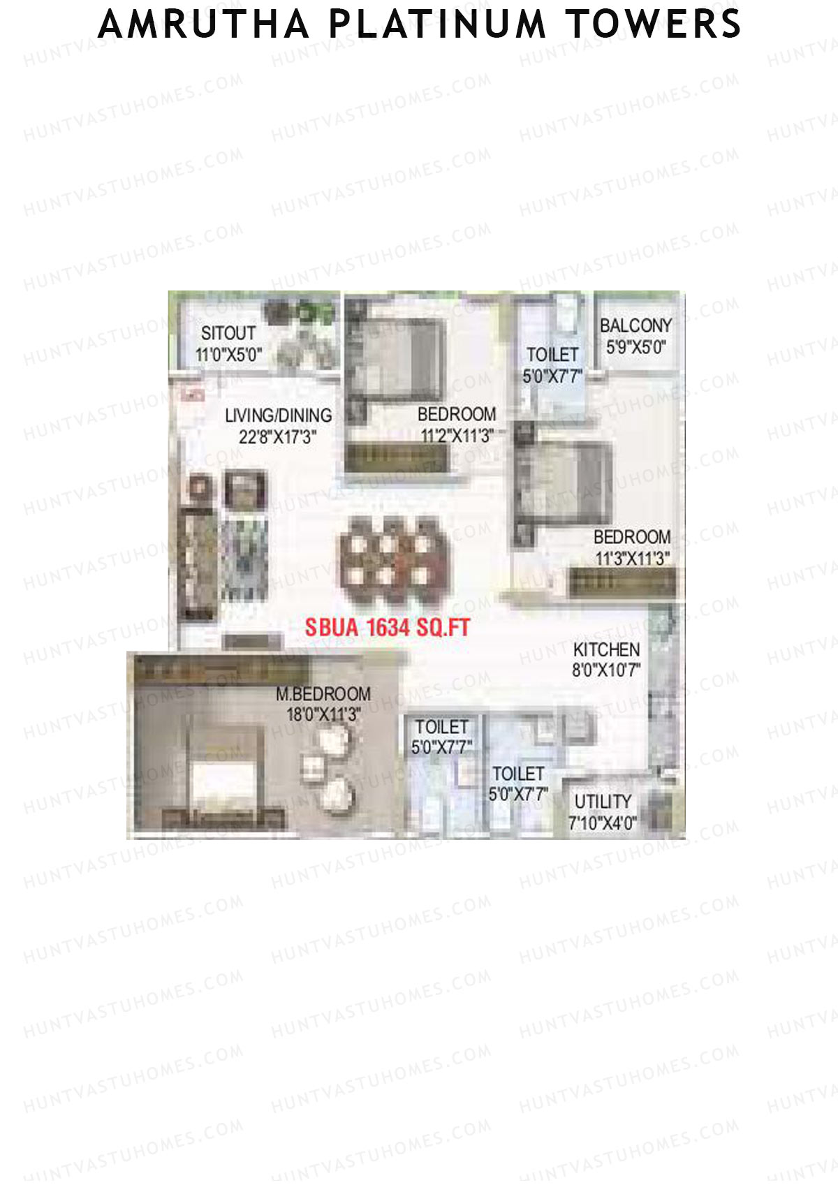 Amrutha Platinum Towers, Block B, Unit 29, 3BHK, Super Area 1634   sq ft 
