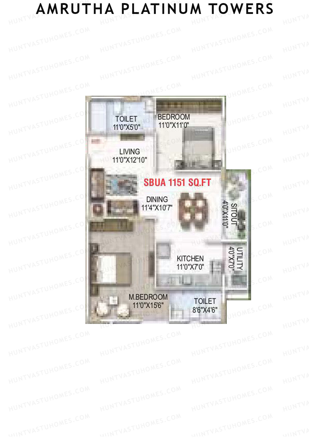 Amrutha Platinum Towers, Block B, Unit 30, 2BHK, Super Area 1151   sq ft 