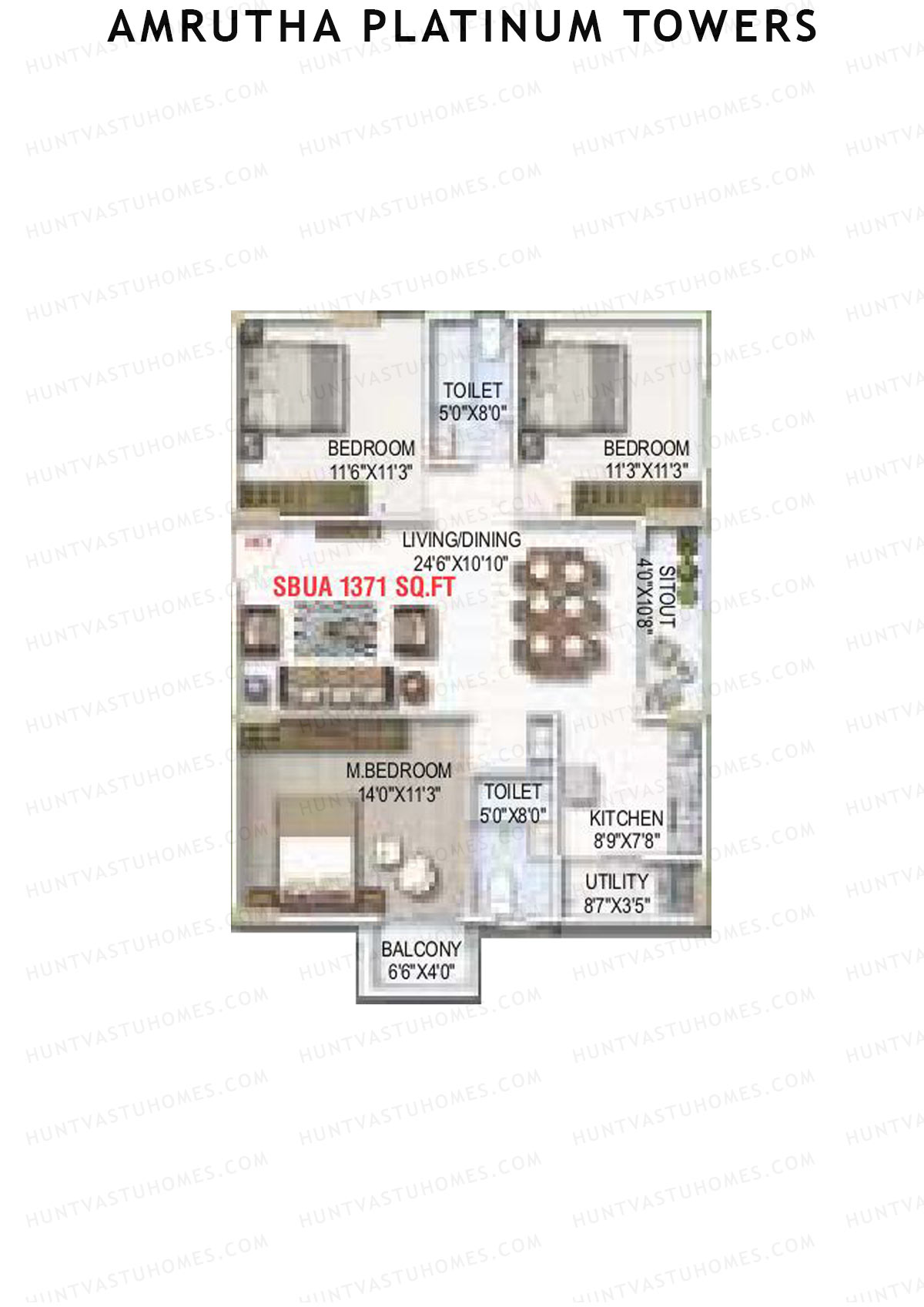 Amrutha Platinum Towers, Block B, Unit 32, 3BHK, Super Area 1371   sq ft 