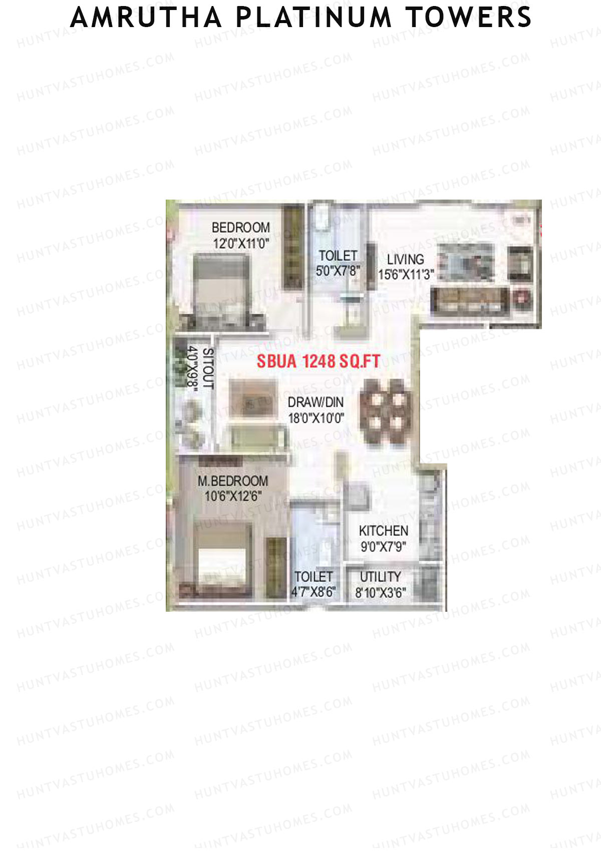 Amrutha Platinum Towers, Block B, Unit 34, 2BHK, Super Area 1248   sq ft 