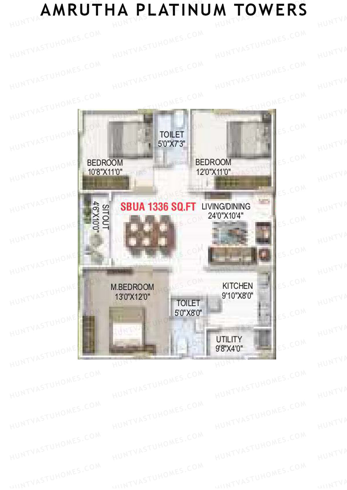 Amrutha Platinum Towers, Block B, Unit 35, 3BHK, Super Area 1336   sq ft 