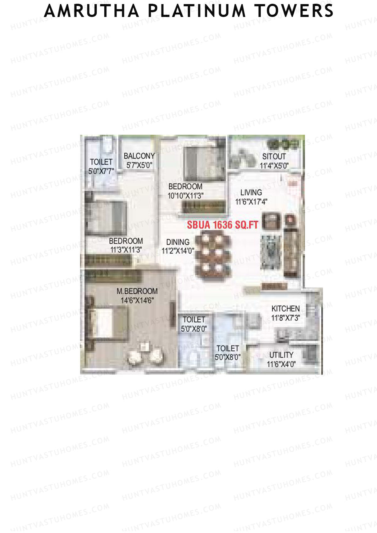 Amrutha Platinum Towers, Block B, Unit 36, 3BHK, Super Area 1636   sq ft 
