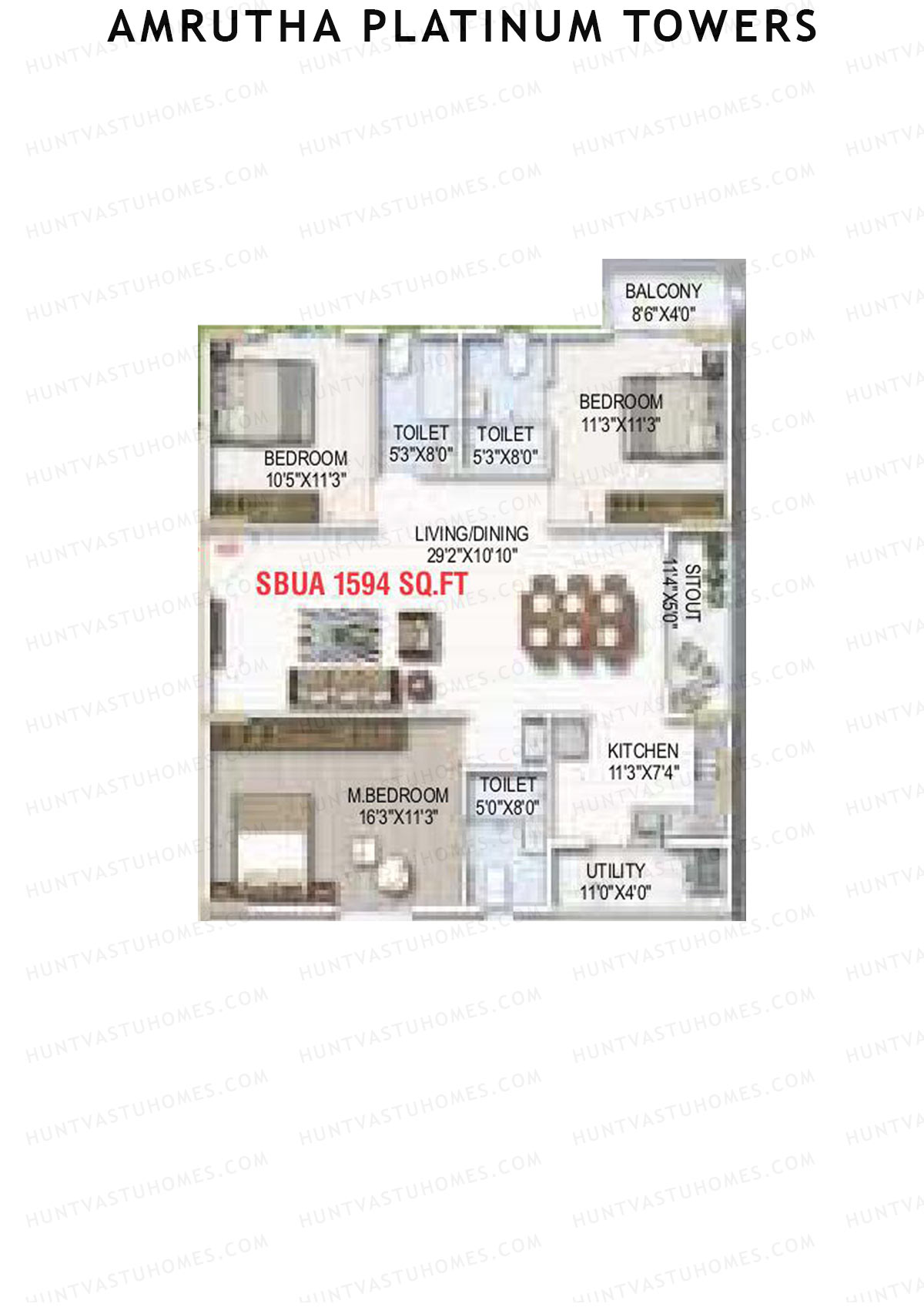 Amrutha Platinum Towers, Block B, Unit 37, 3BHK, Super Area 1594   sq ft 