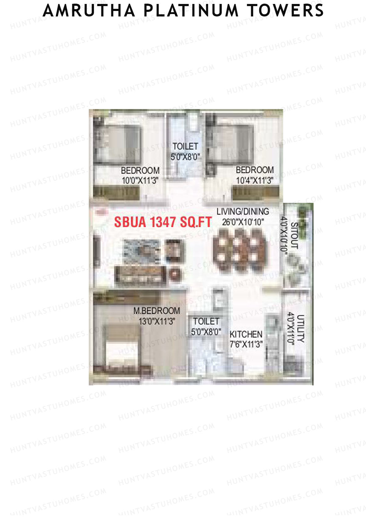 Amrutha Platinum Towers, Block B, Unit 39, 3BHK, Super Area 1347   sq ft 