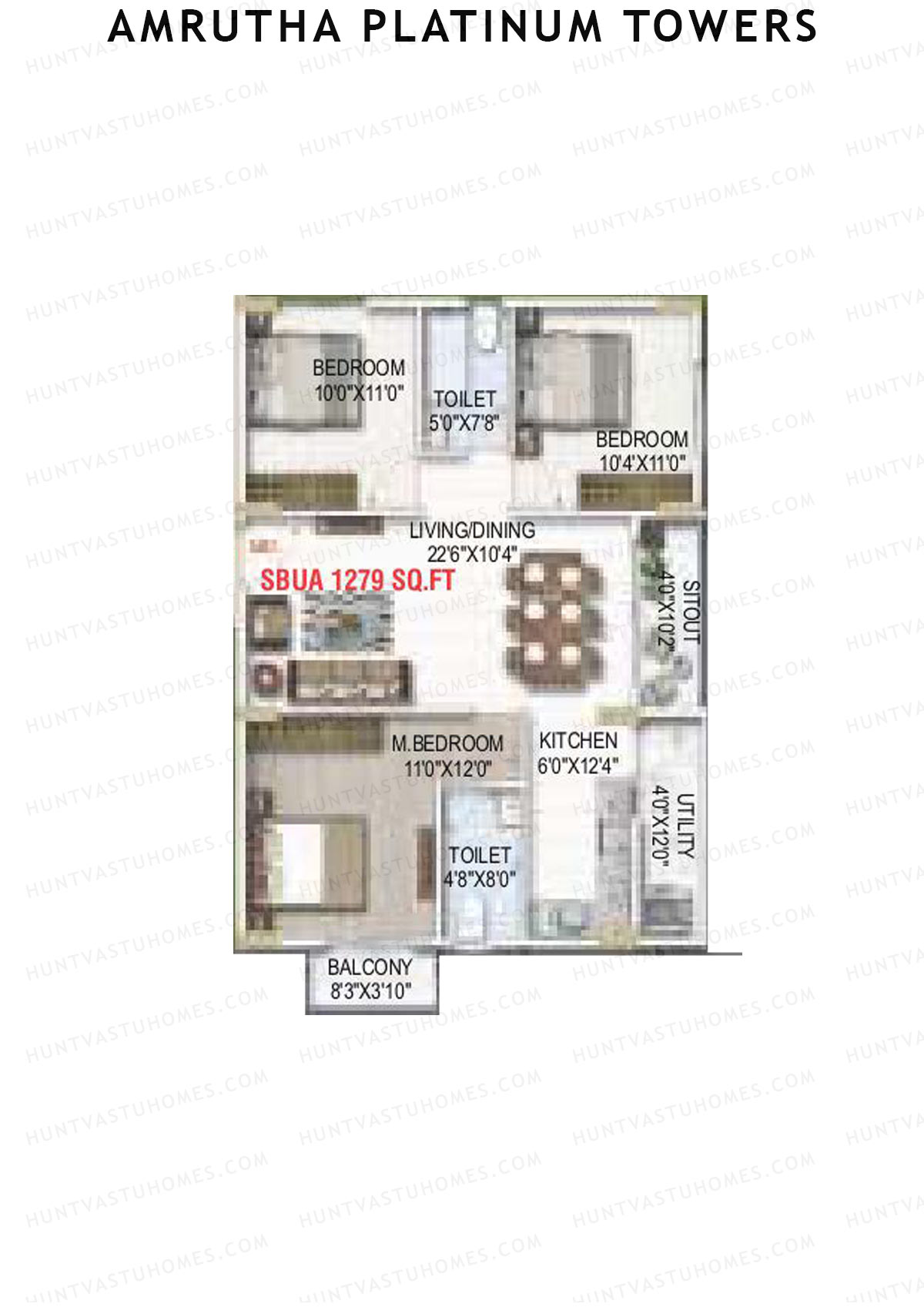 Amrutha Platinum Towers, Block B, Unit 40, 3BHK, Super Area 1279   sq ft 