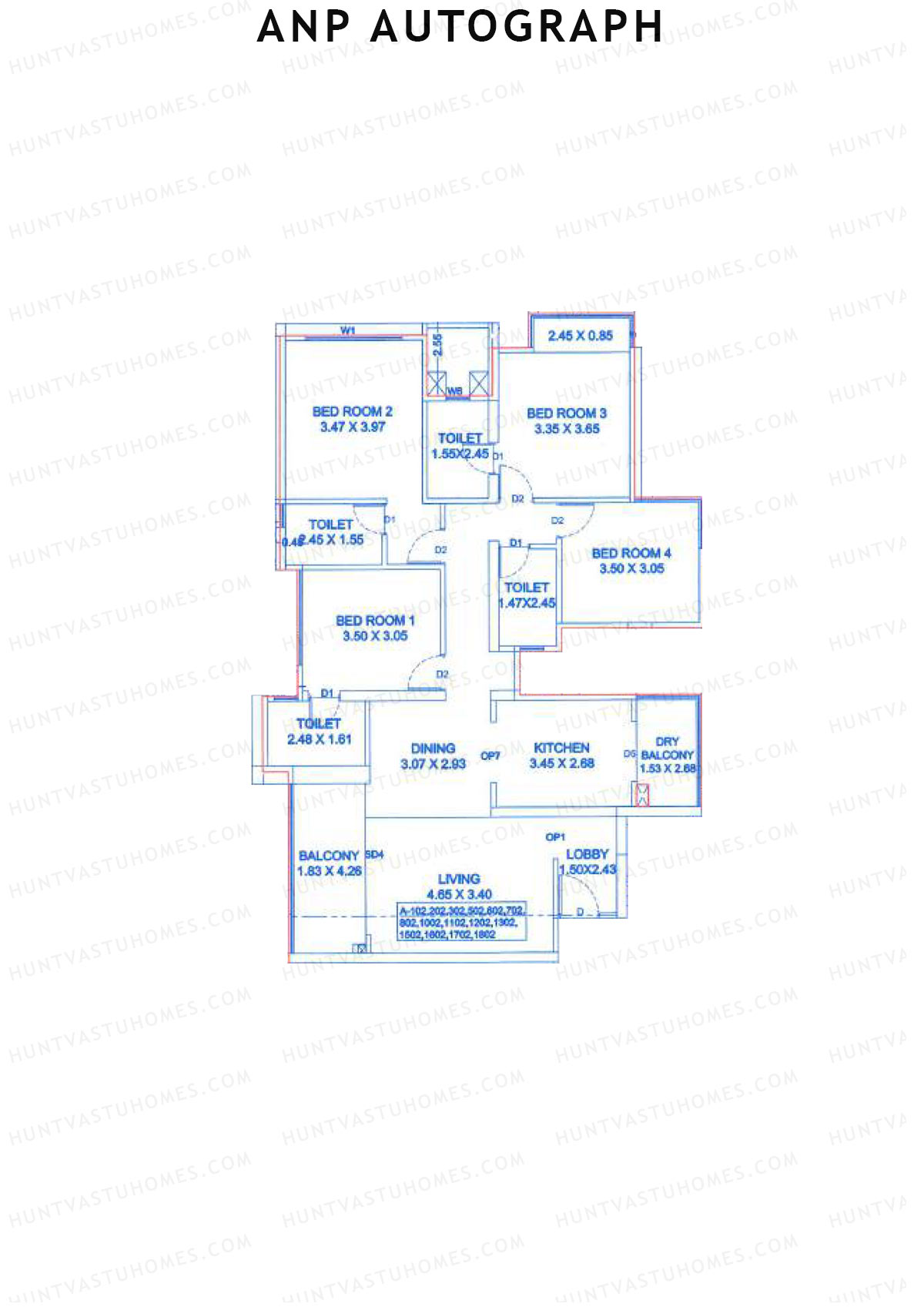 ANP Autograph, Tower A, Unit 2, 4BHK, Carpet Area 1102   sq ft 