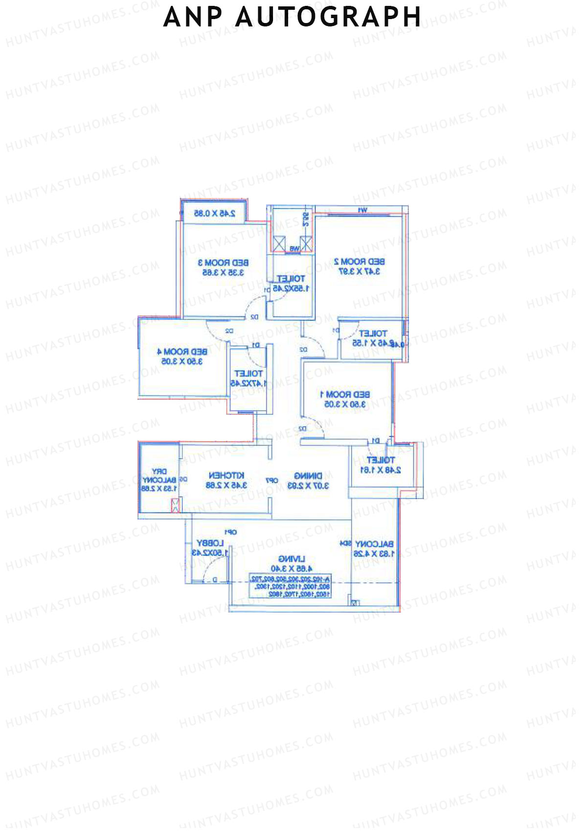 ANP Autograph, Tower D, Unit 2, 4BHK, Carpet Area 1102   sq ft 