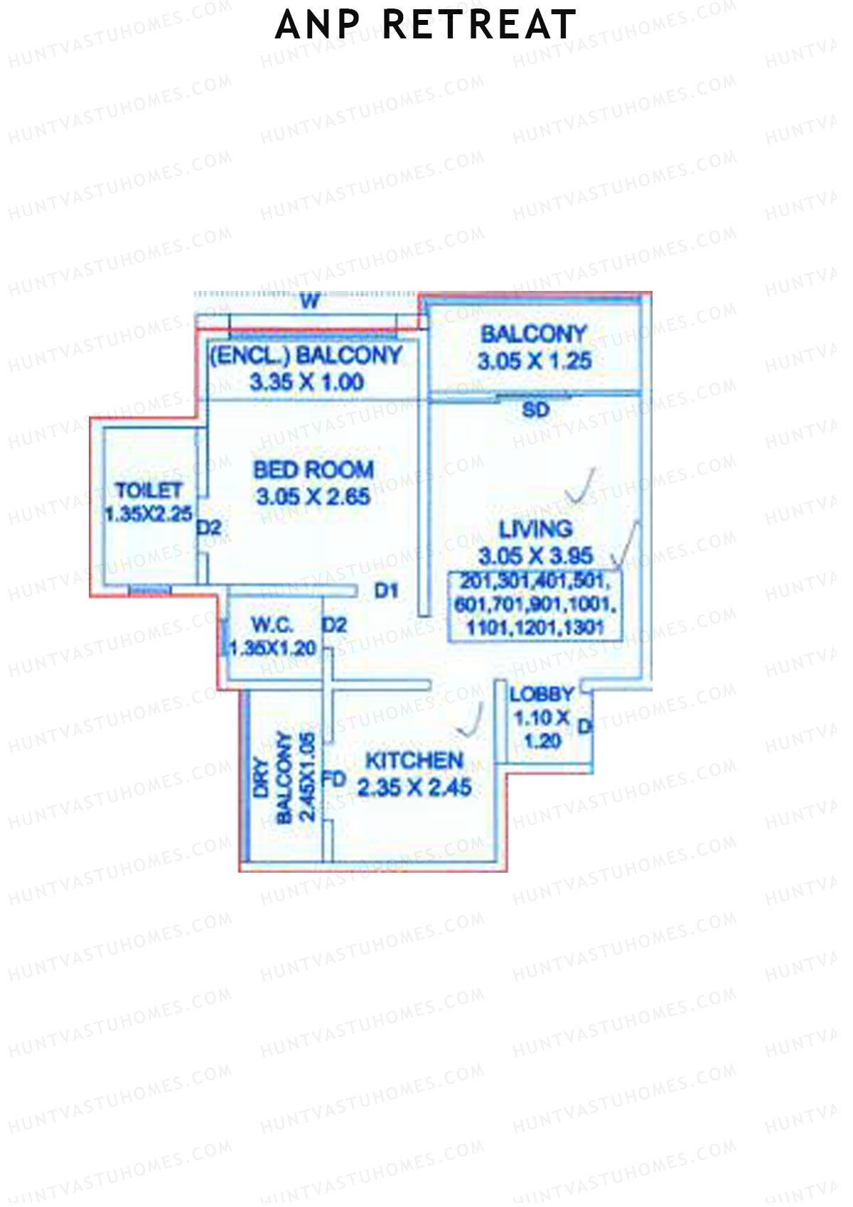 ANP Retreat, Tower A, Unit 3, 1BHK, Carpet Area 492   sq ft 