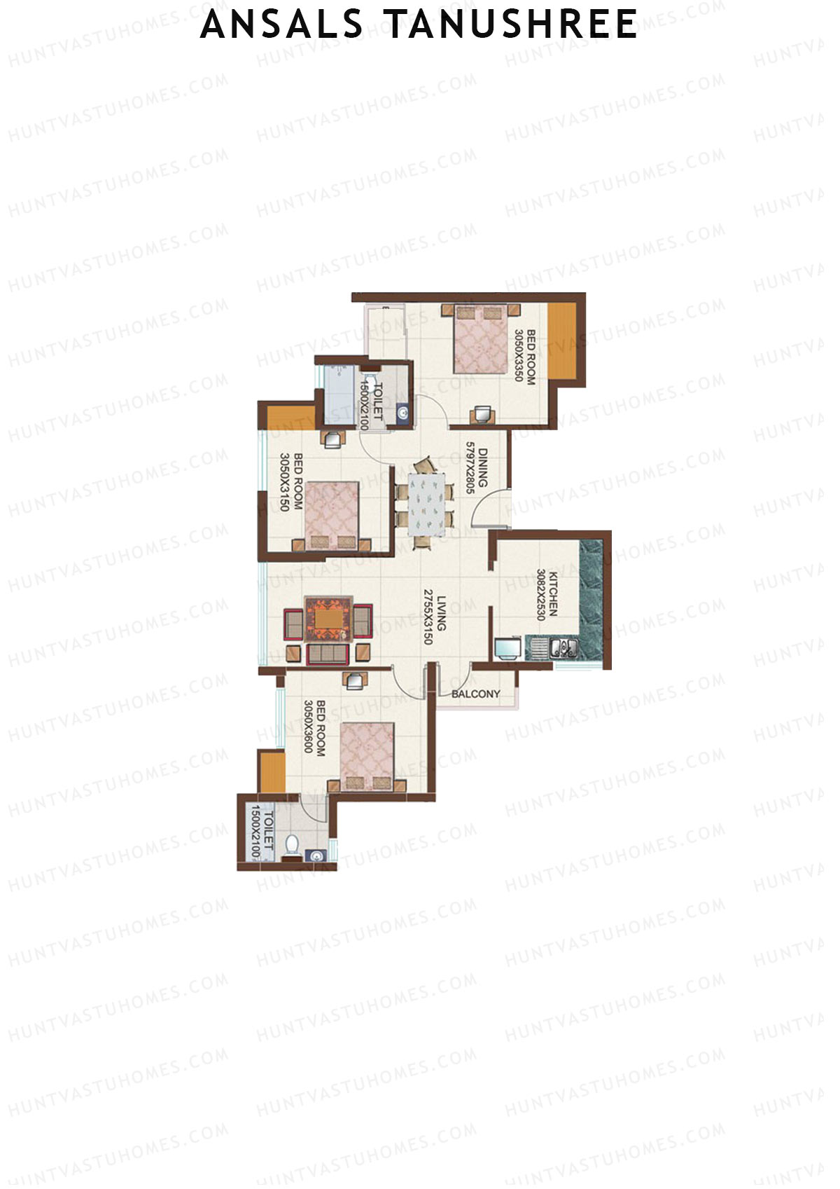 Ansals Tanushree Tower D Unit 3 (Type 3) Floor Plan