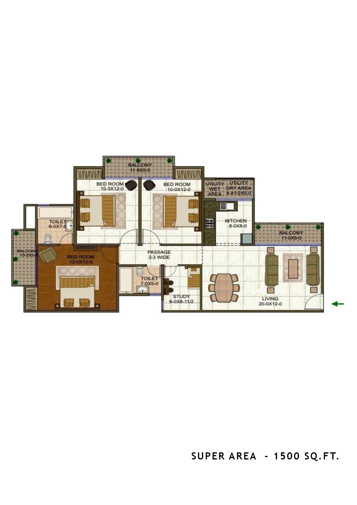 Antriksh Forest Tower H Unit 1 (Type 2A) Floor Plan