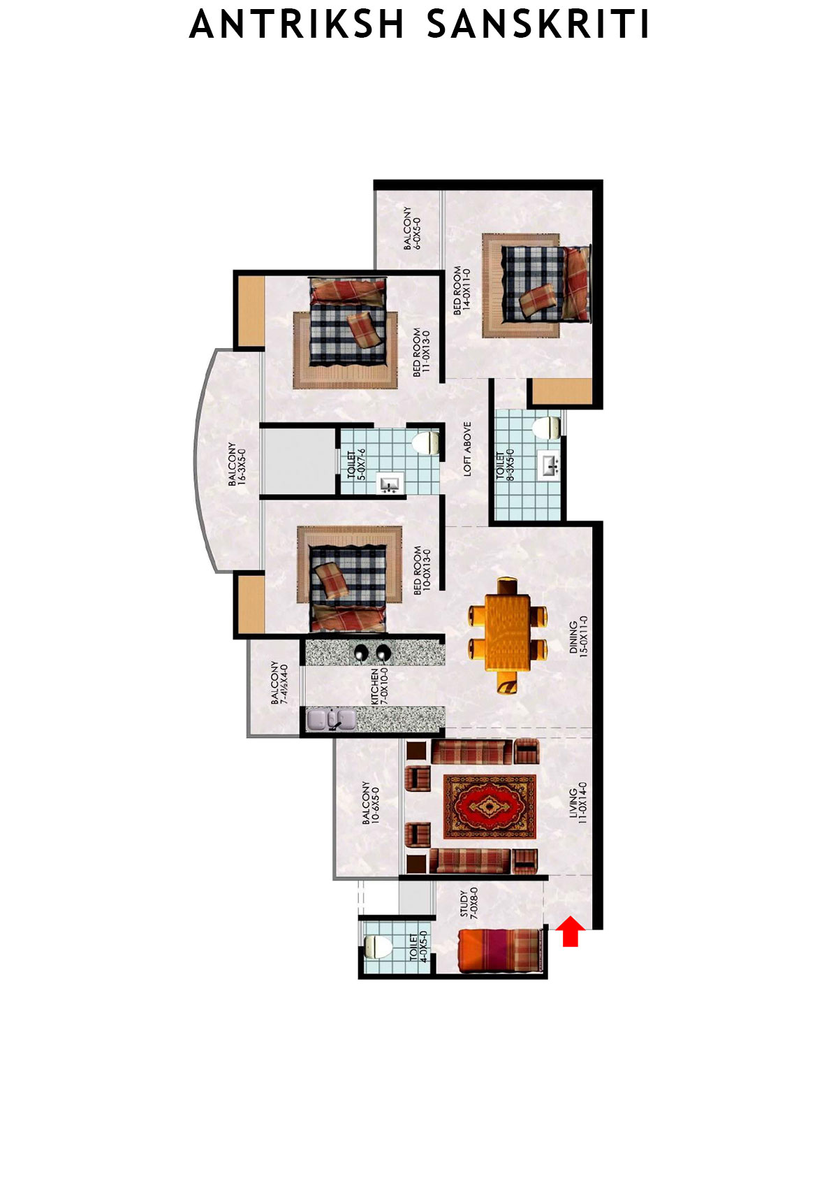 Antriksh Sanskriti Block F Unit 2 (Type 3A) Floor Plan