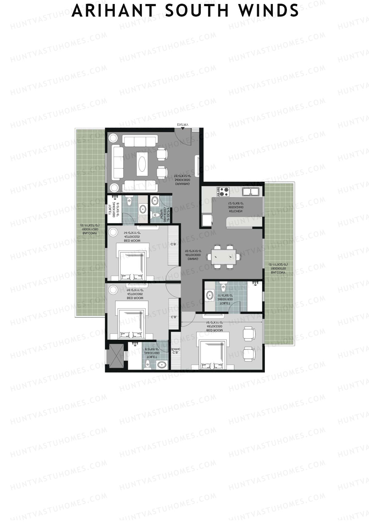 Arihant South Winds, Block A, Unit C (Type 1), 3BHK, Super Area 2275   sq ft 