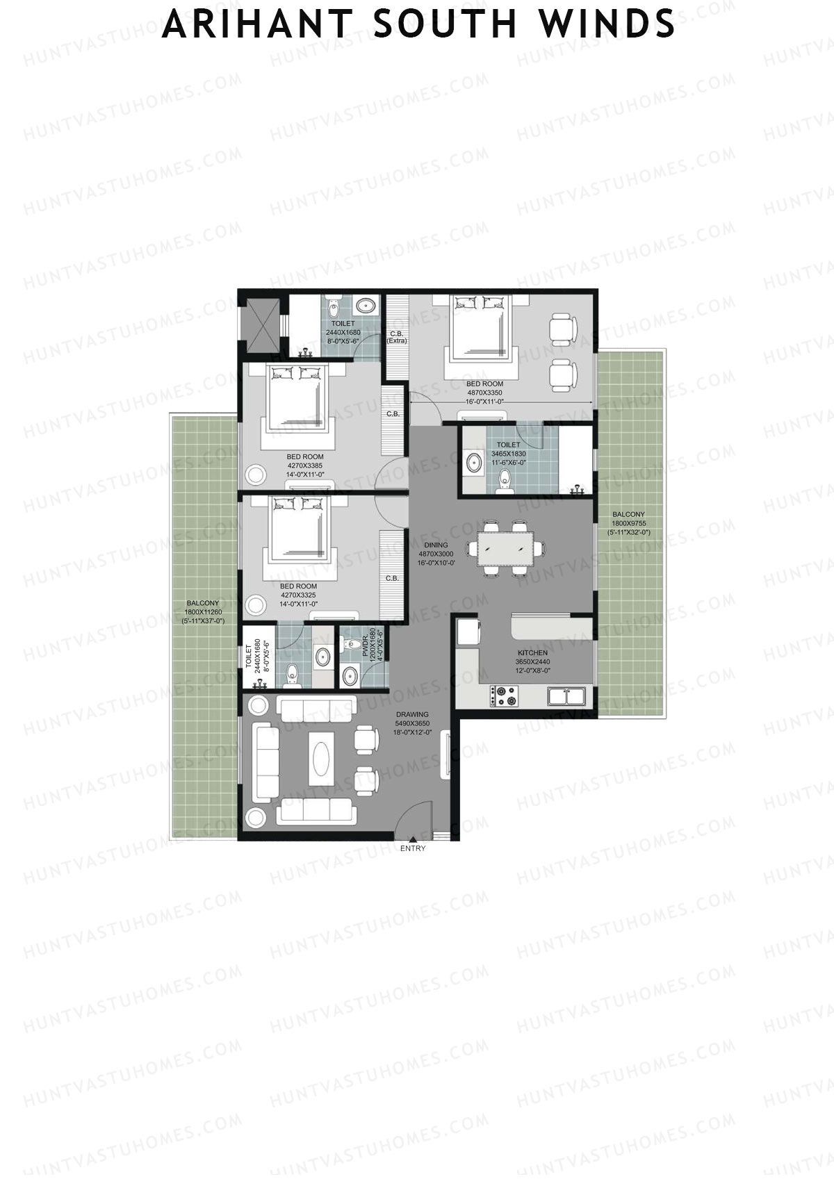 Arihant South Winds, Block B, Unit C (Type 1), 3BHK, Super Area 2275   sq ft 