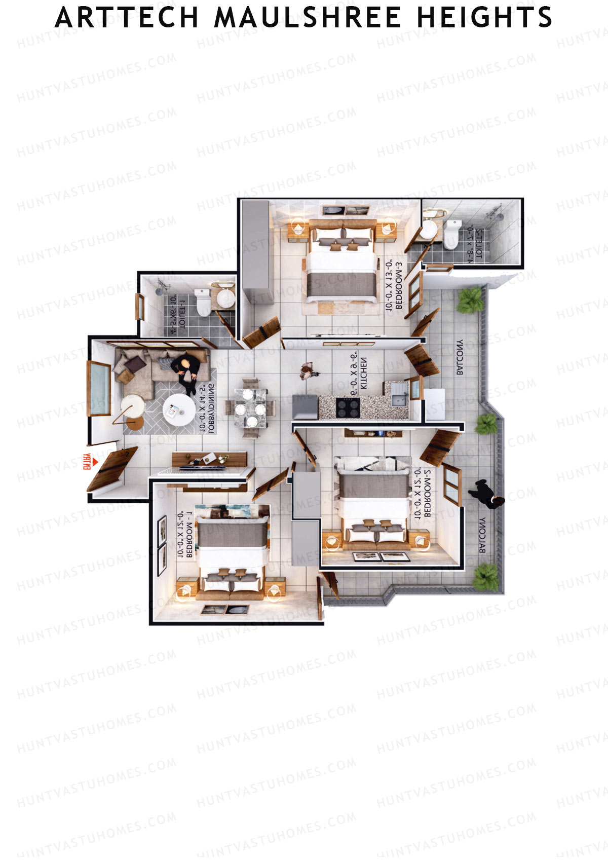 Arttech Maulshree Heights, Tower A, Unit 1, 3BHK, Carpet Area 645   sq ft 