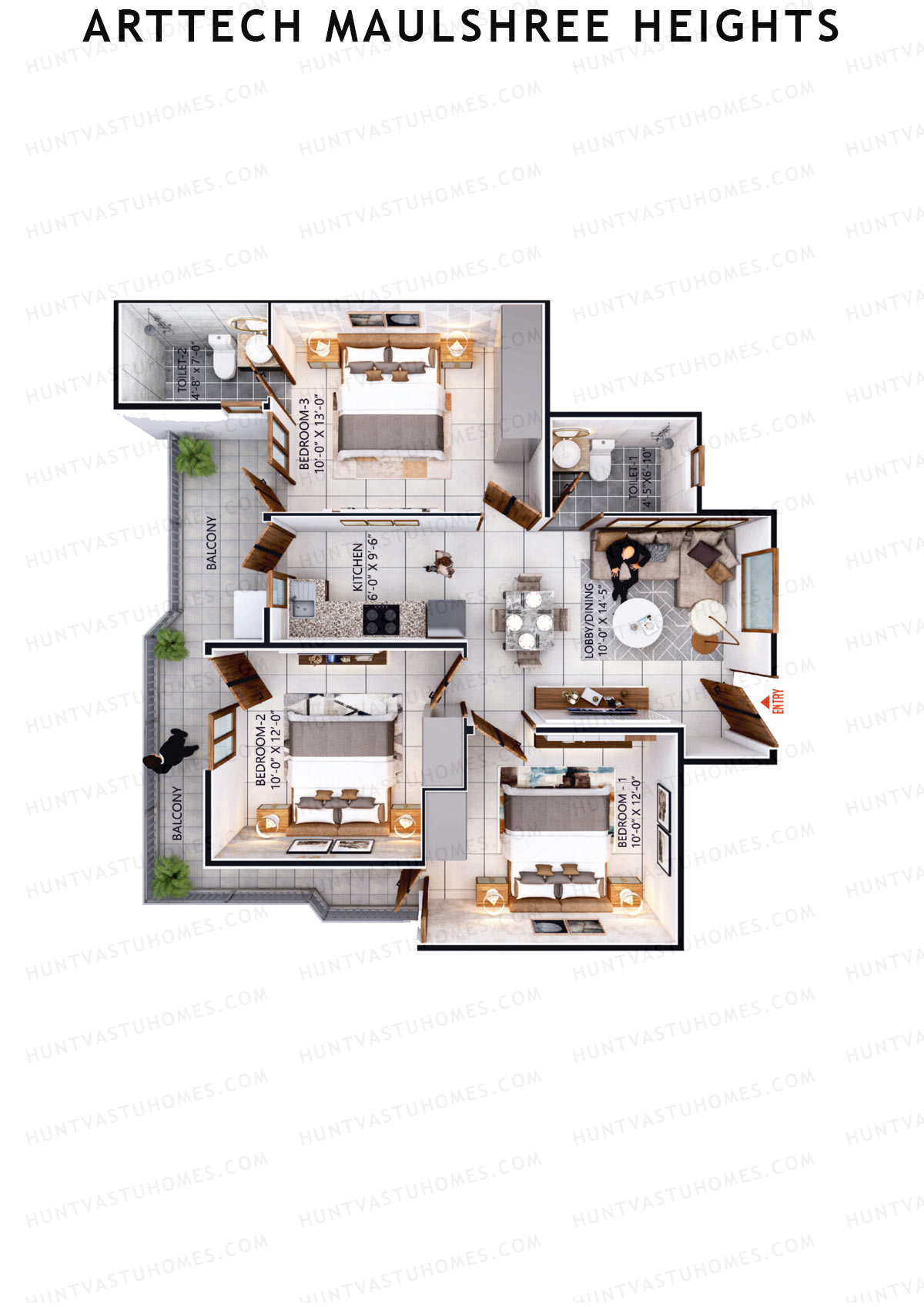 Arttech Maulshree Heights, Tower A, Unit 4, 3BHK, Carpet Area 645   sq ft 