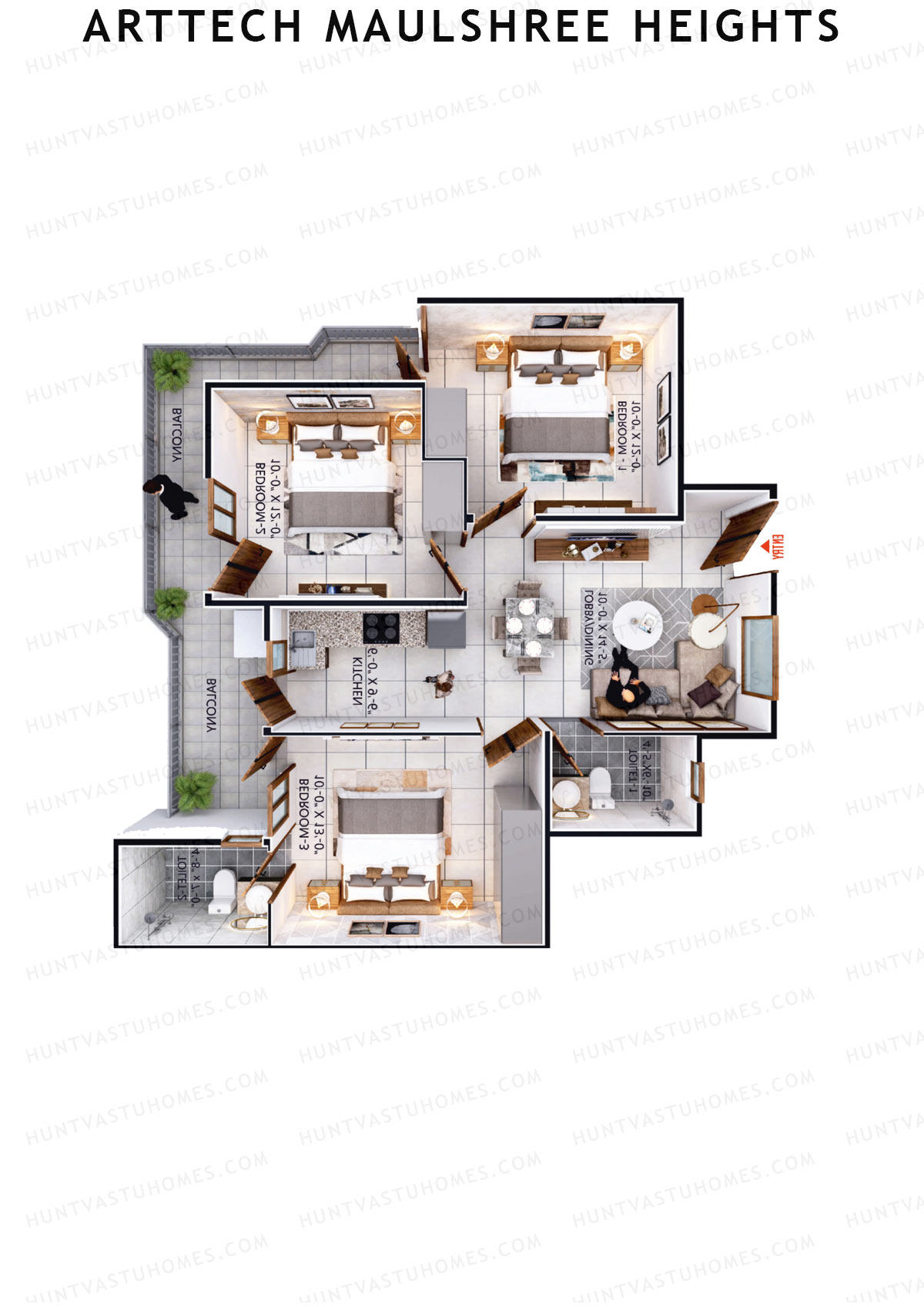 Arttech Maulshree Heights, Tower C, Unit 3, 3BHK, Carpet Area 645   sq ft 
