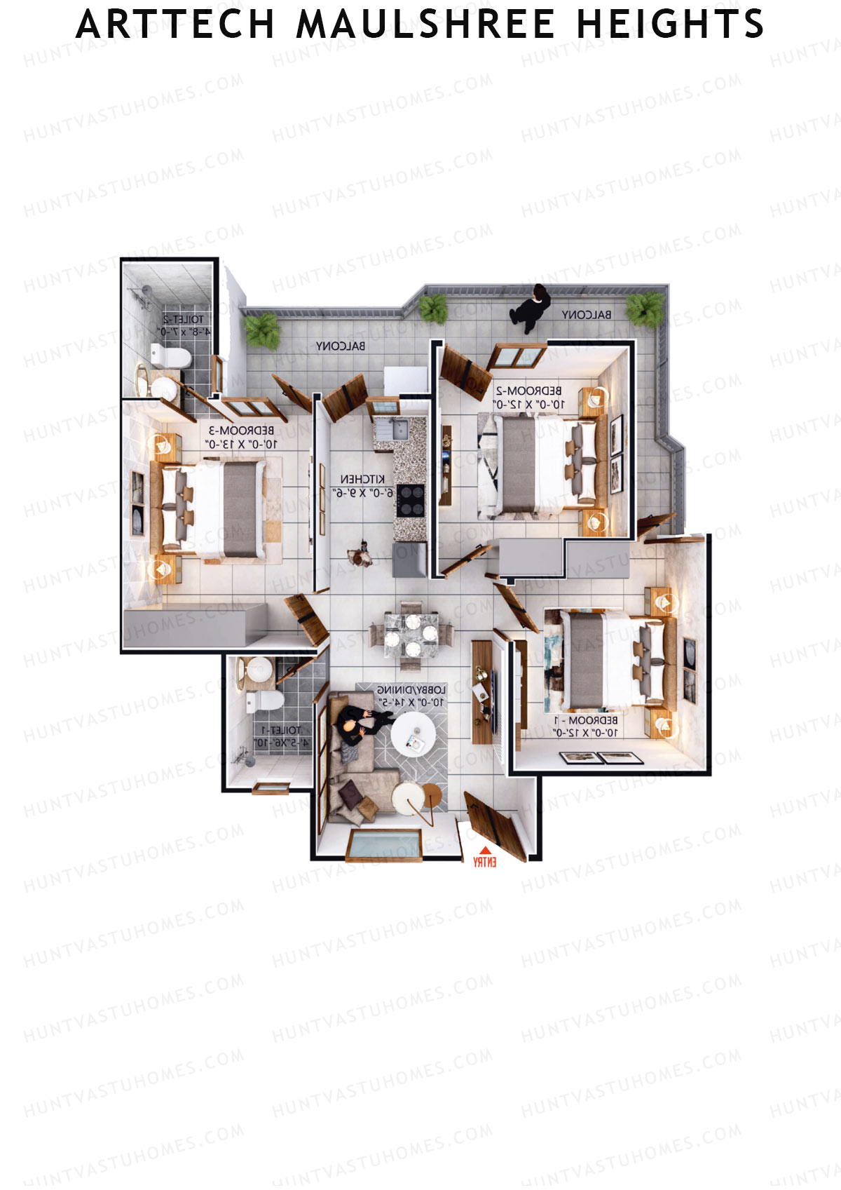 Arttech Maulshree Heights, Tower E, Unit 3, 3BHK, Carpet Area 645   sq ft 