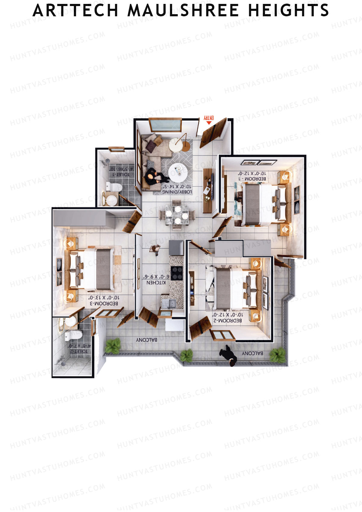 Arttech Maulshree Heights, Tower H, Unit 2, 3BHK, Carpet Area 645   sq ft 