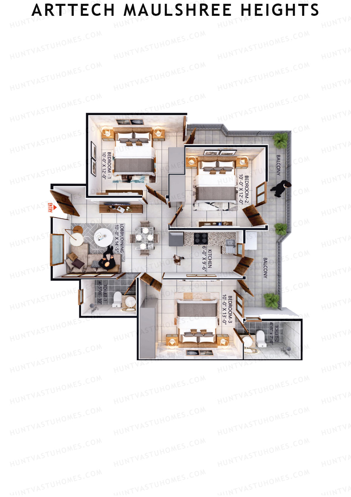 Arttech Maulshree Heights, Tower K, Unit 4, 3BHK, Carpet Area 645   sq ft 