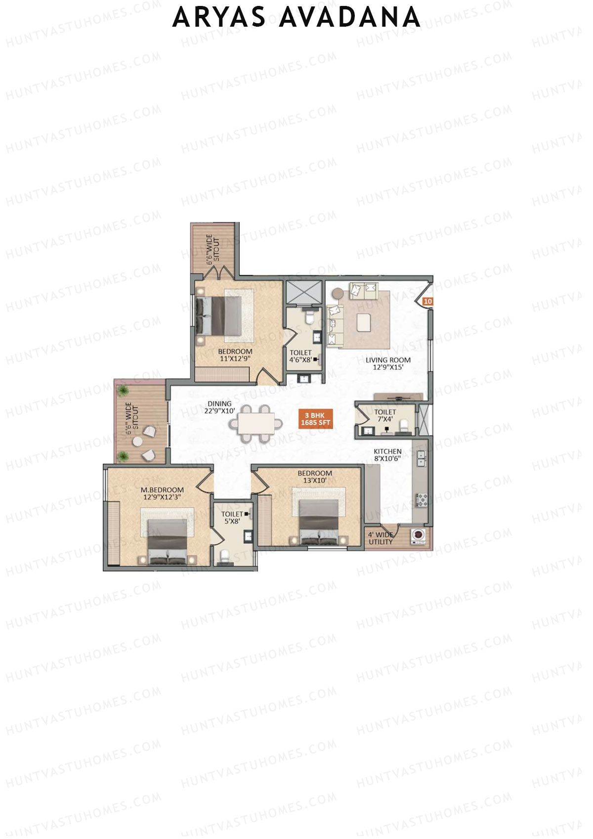 Aryas Avadana, Block A, Unit 10, 3BHK, Super Area 1685   sq ft 