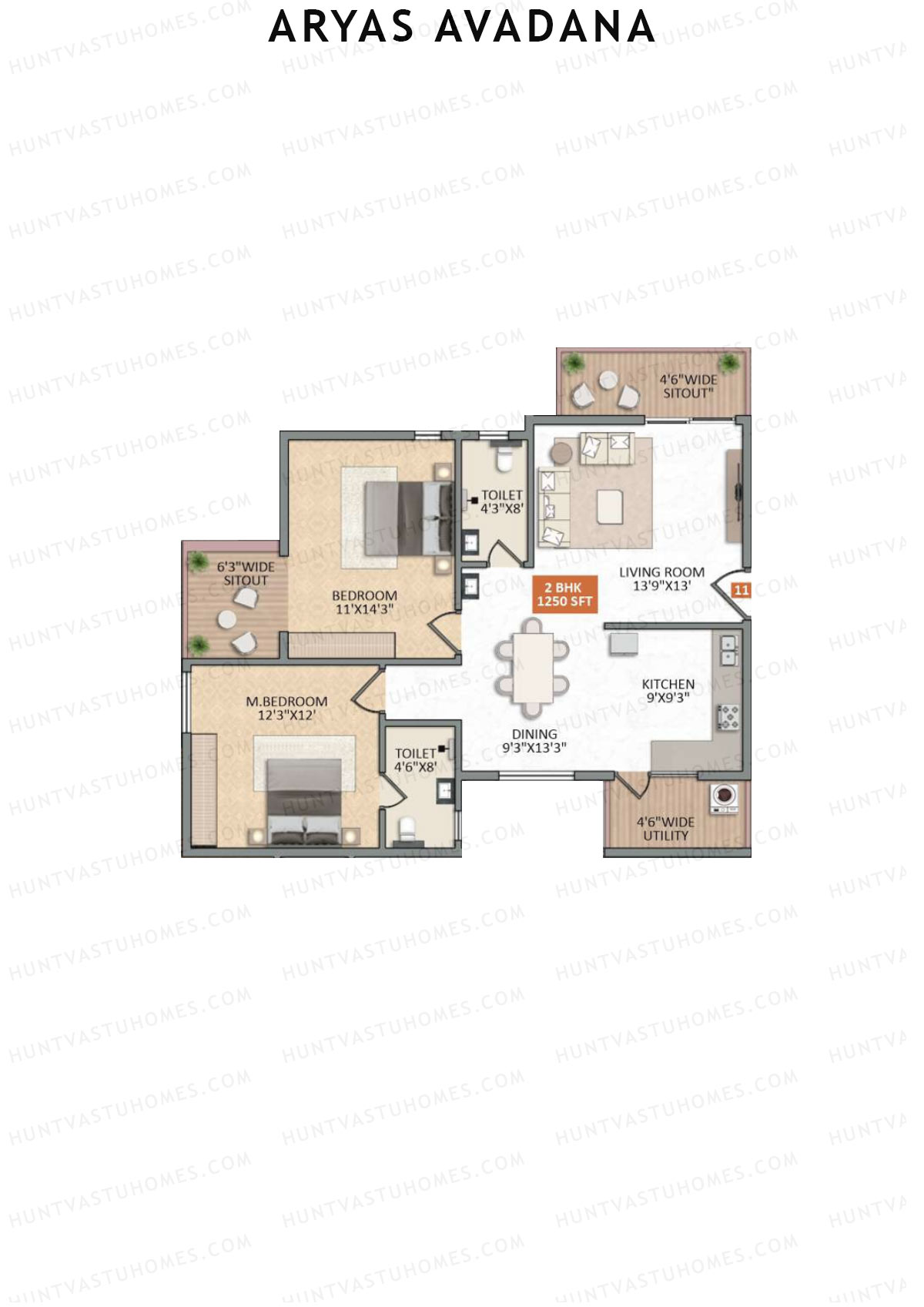 Aryas Avadana, Block A, Unit 11, 2BHK, Super Area 1250   sq ft 
