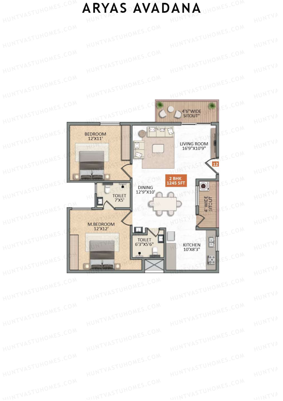 Aryas Avadana, Block A, Unit 12, 2BHK, Super Area 1245   sq ft 