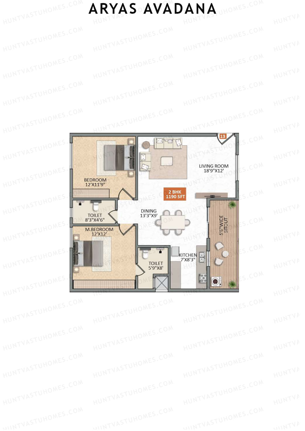 Aryas Avadana, Block A, Unit 13, 2BHK, Super Area 1190   sq ft 