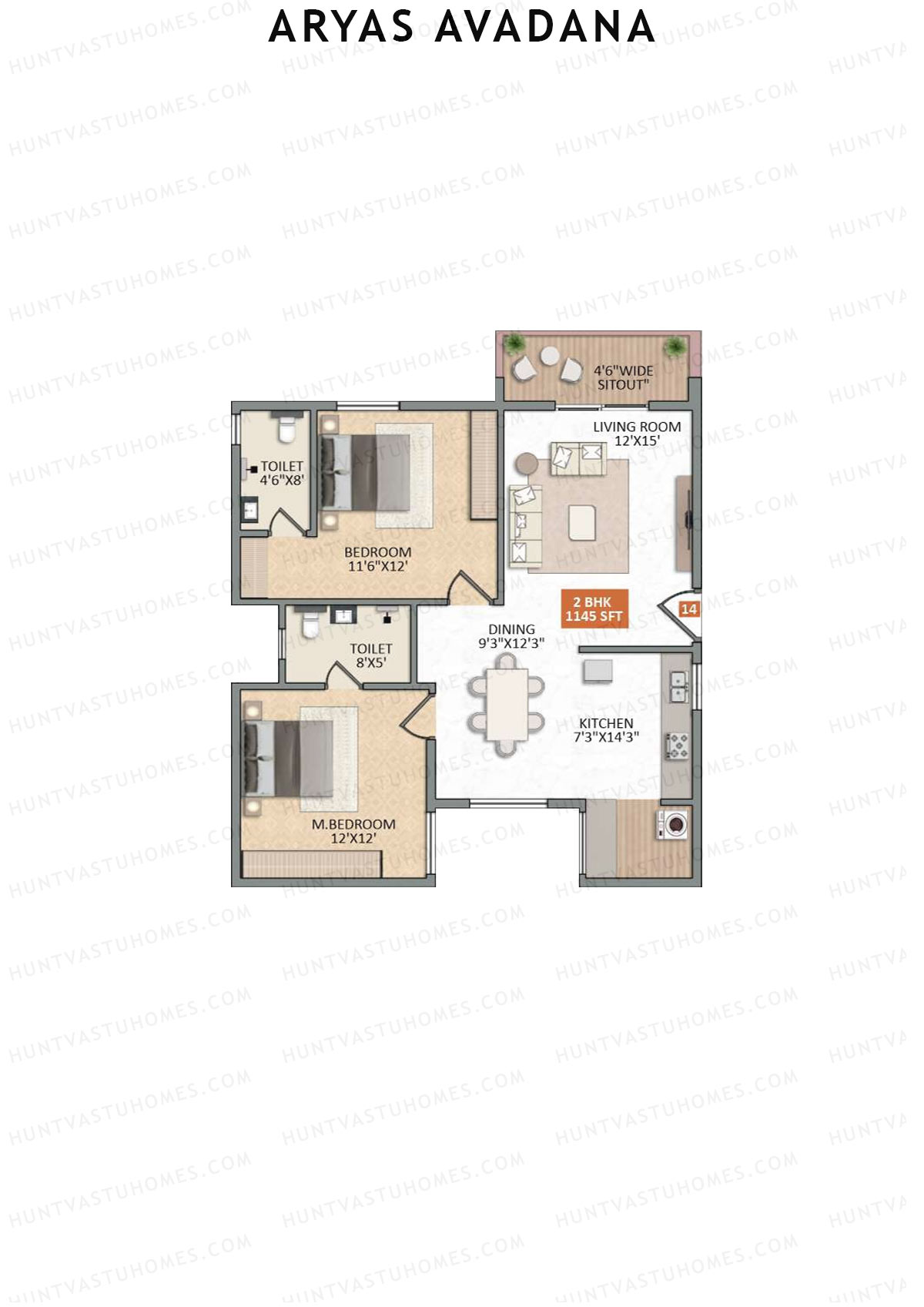 Aryas Avadana, Block A, Unit 14, 2BHK, Super Area 1145   sq ft 
