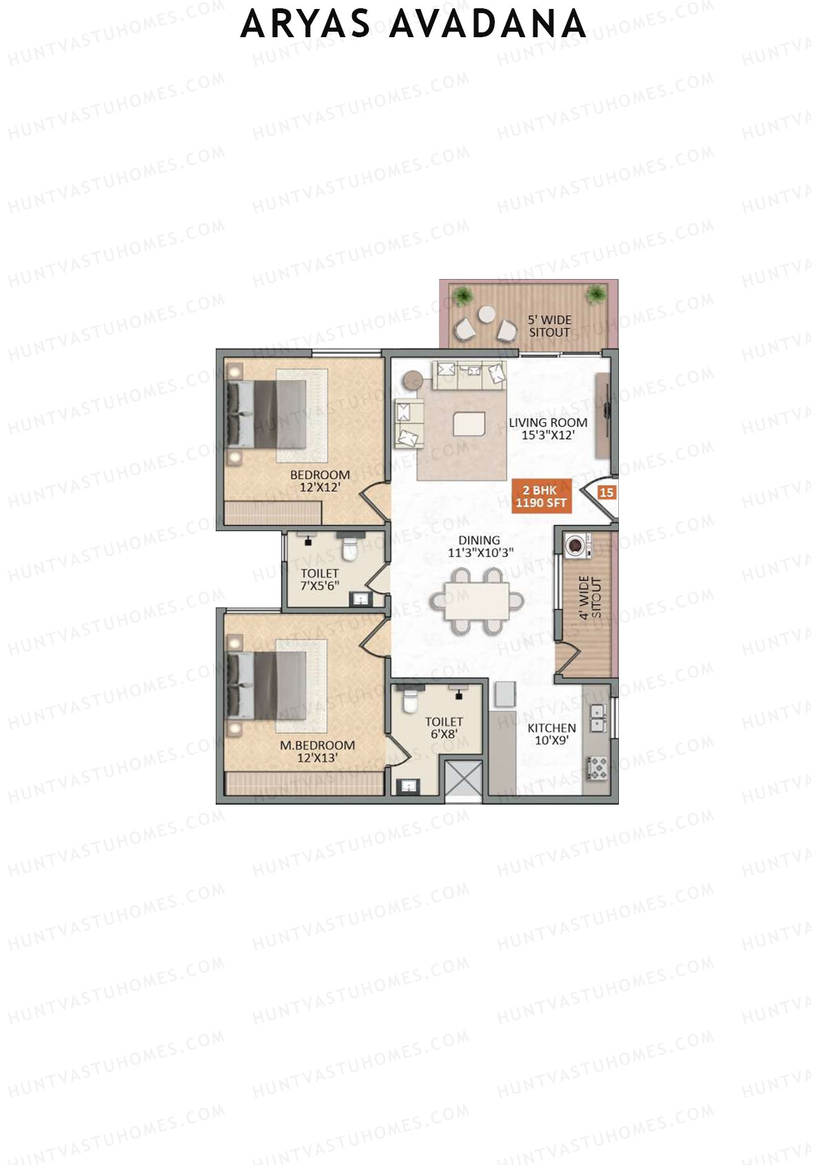 Aryas Avadana, Block A, Unit 15, 2BHK, Super Area 1190   sq ft 