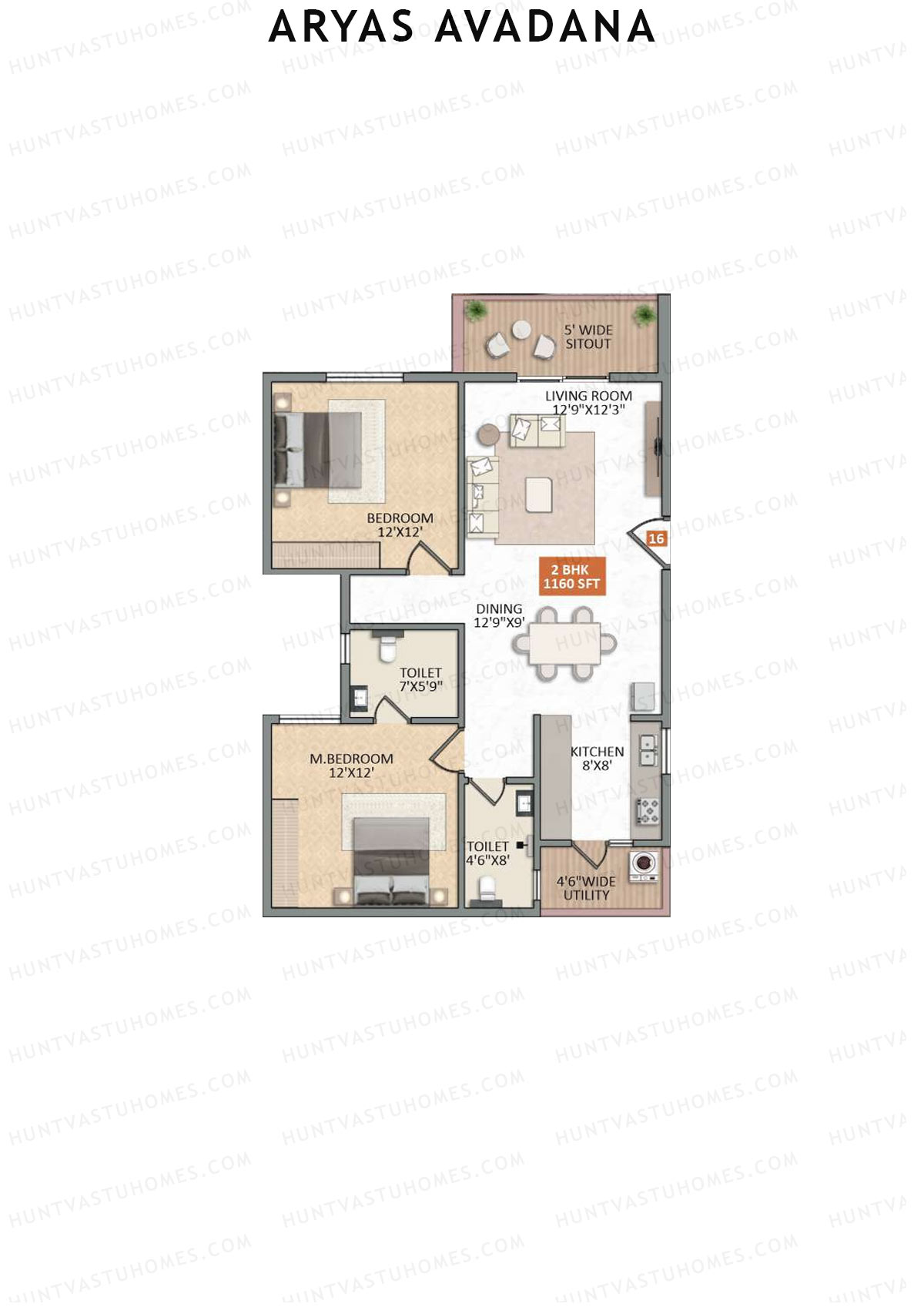Aryas Avadana, Block A, Unit 16, 2BHK, Super Area 1160   sq ft 