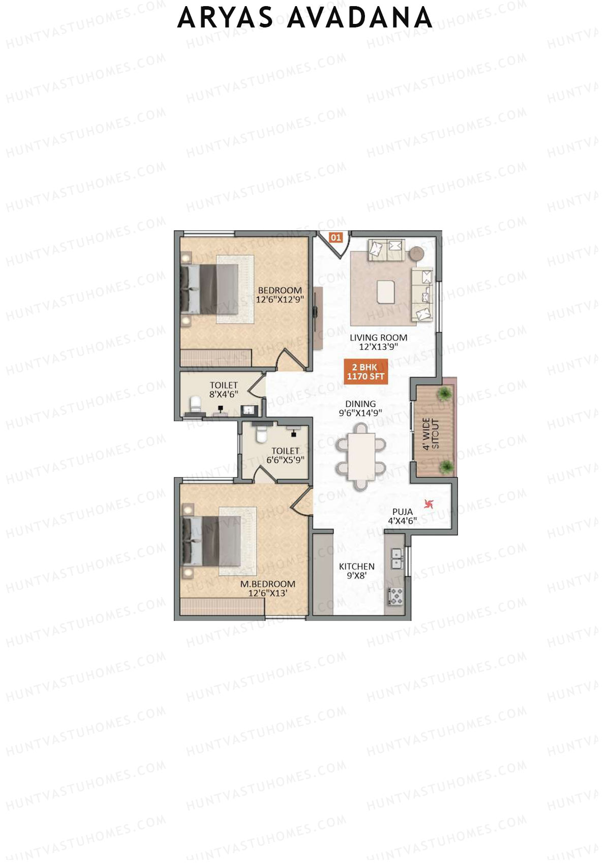 Aryas Avadana, Block A, Unit 1, 2BHK, Super Area 1170   sq ft 