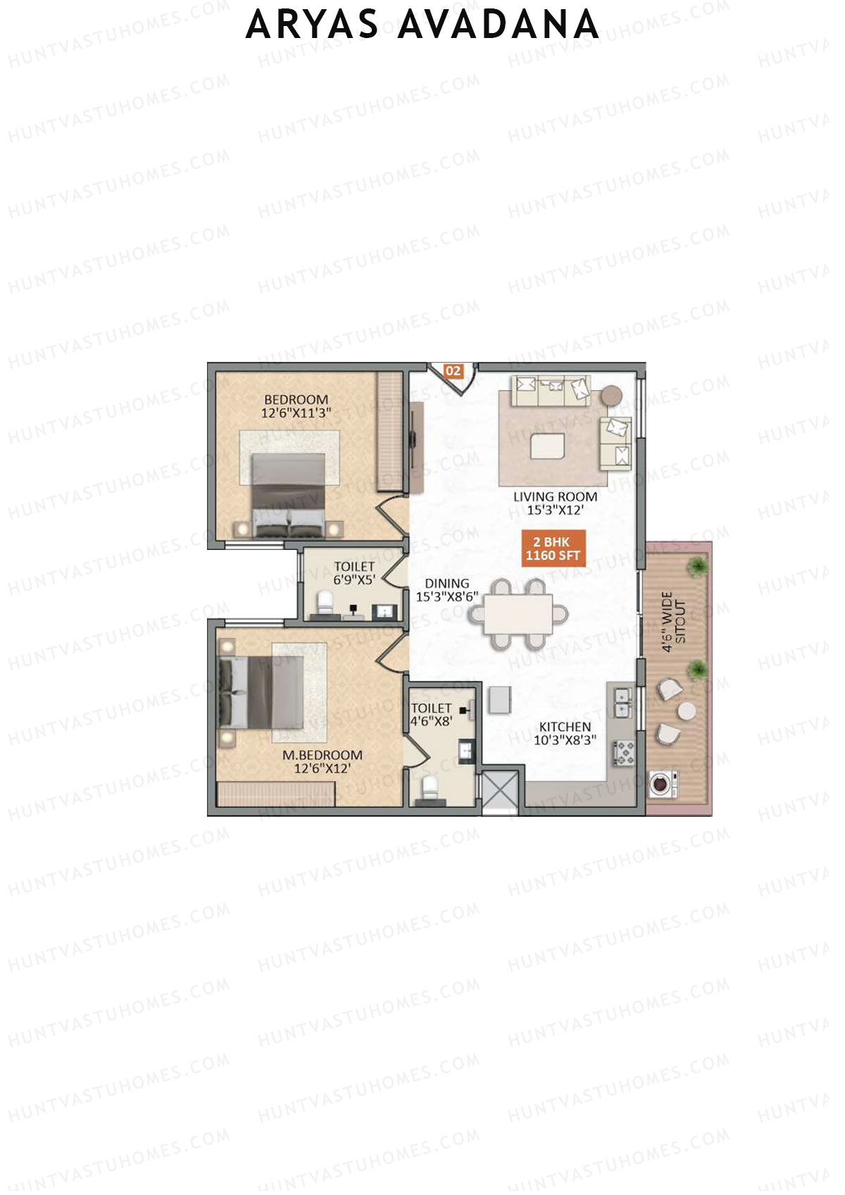 Aryas Avadana, Block A, Unit 2, 2BHK, Super Area 1160   sq ft 